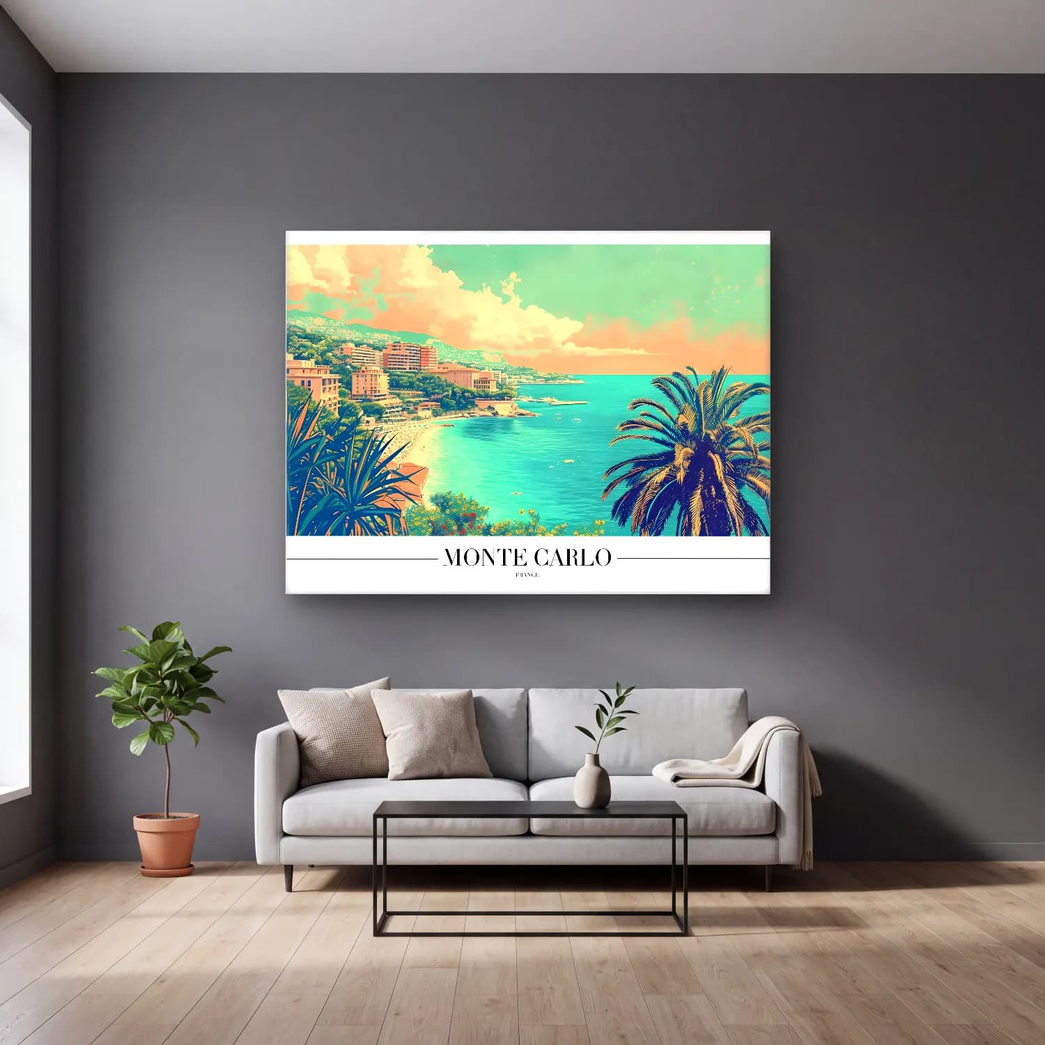 Pastel Akdeniz Sahil Kasabası No. 19 cam tablo — gri duvarlı salonda