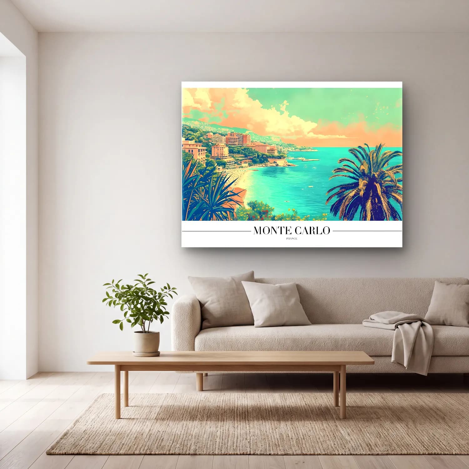 Pastel Akdeniz Sahil Kasabası No. 19 cam tablo — açık renk salonda