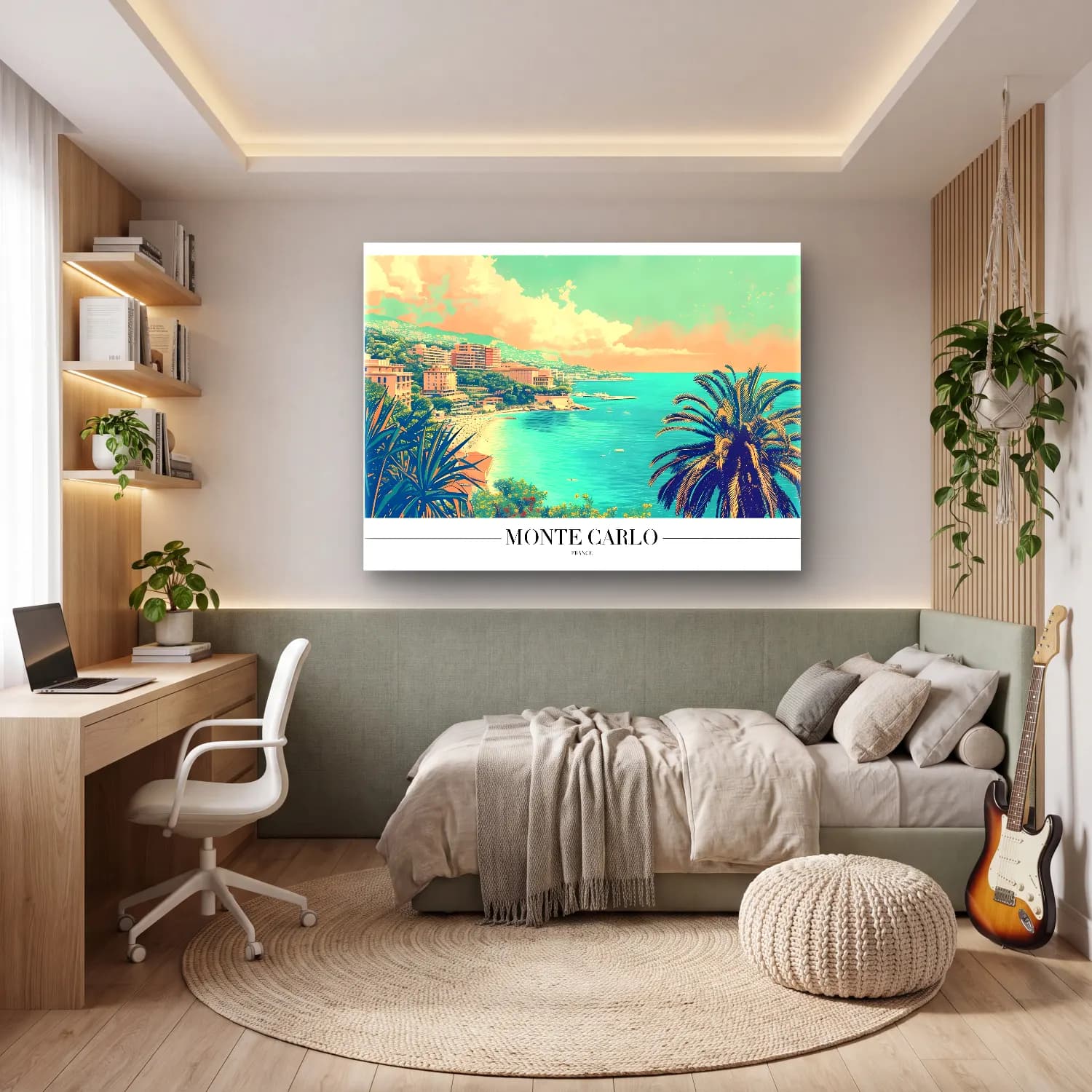 Pastel Akdeniz Sahil Kasabası No. 19 cam tablo — genç odasında