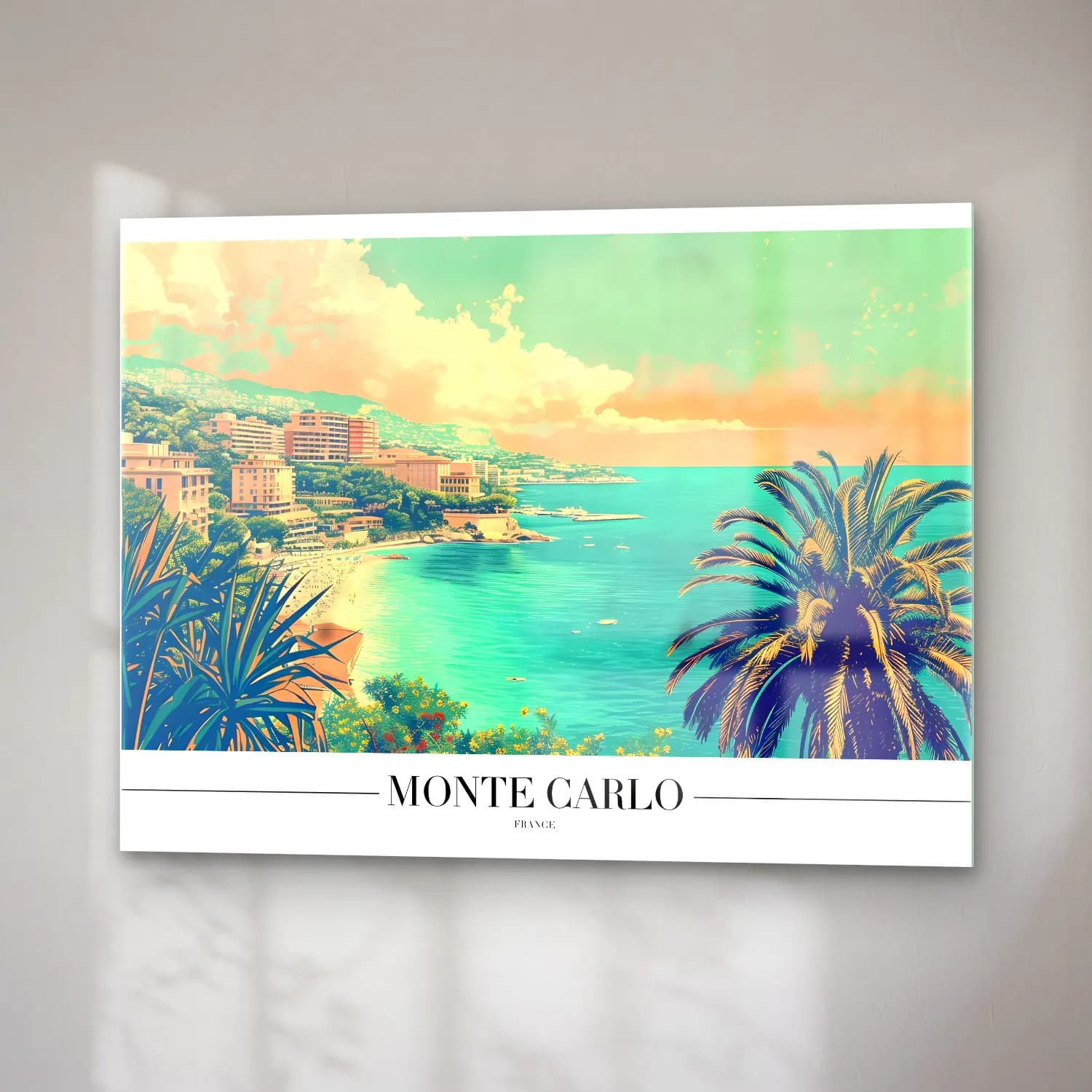 Pastel Akdeniz Sahil Kasabası No. 19 cam tablo — sağ açıdan görünüm