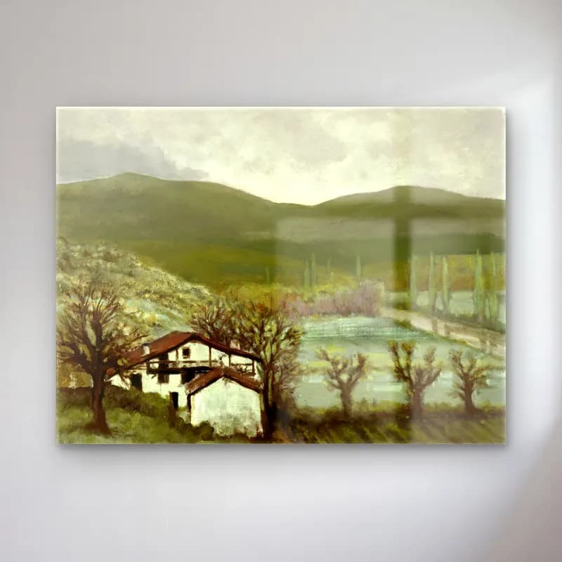 Yağlı Boya Kır Evi – Yeşil Tonlar cam tablo — Yağlı Boya Kır Evi – Yeşil Tonlar — yağlı boya kır evi