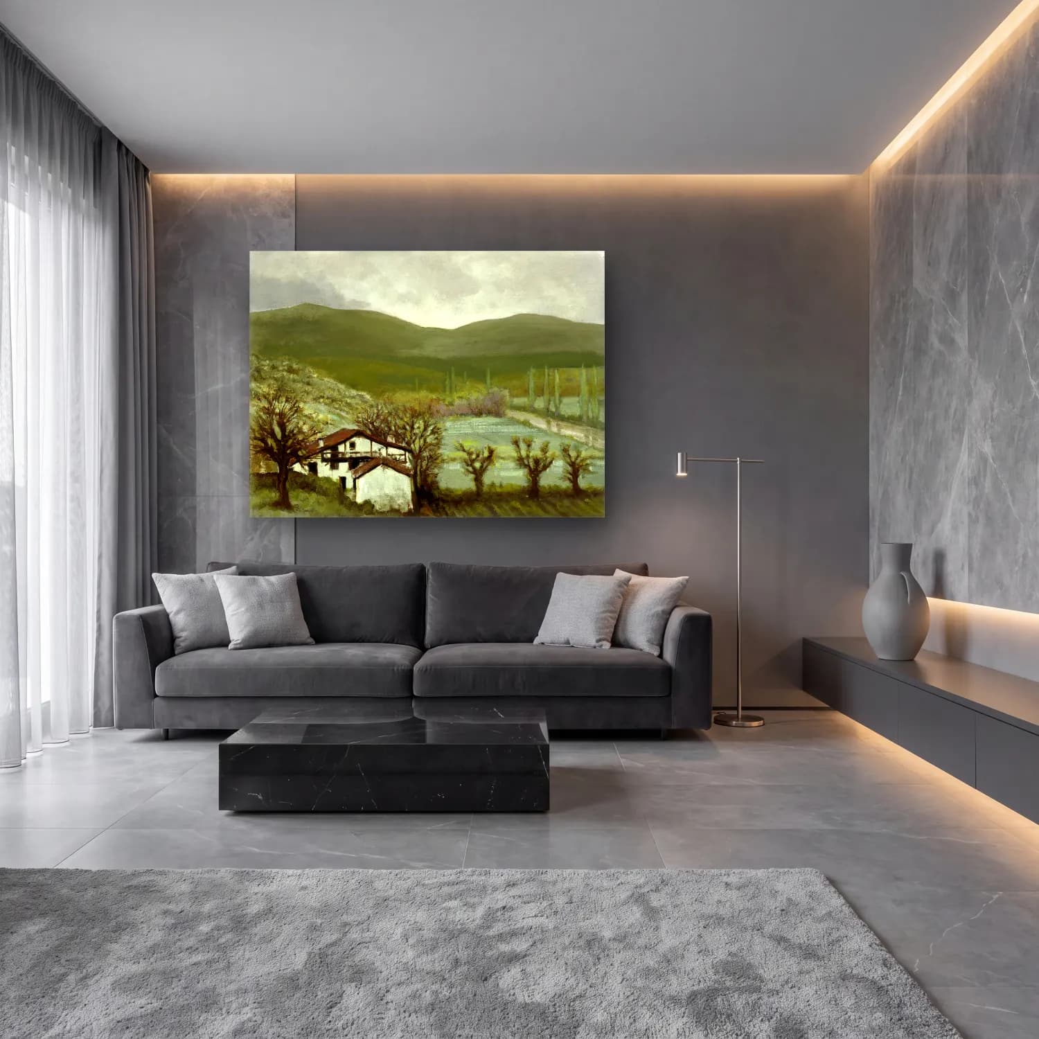 Yağlı Boya Kır Evi – Yeşil Tonlar cam tablo — lüks salon duvarında