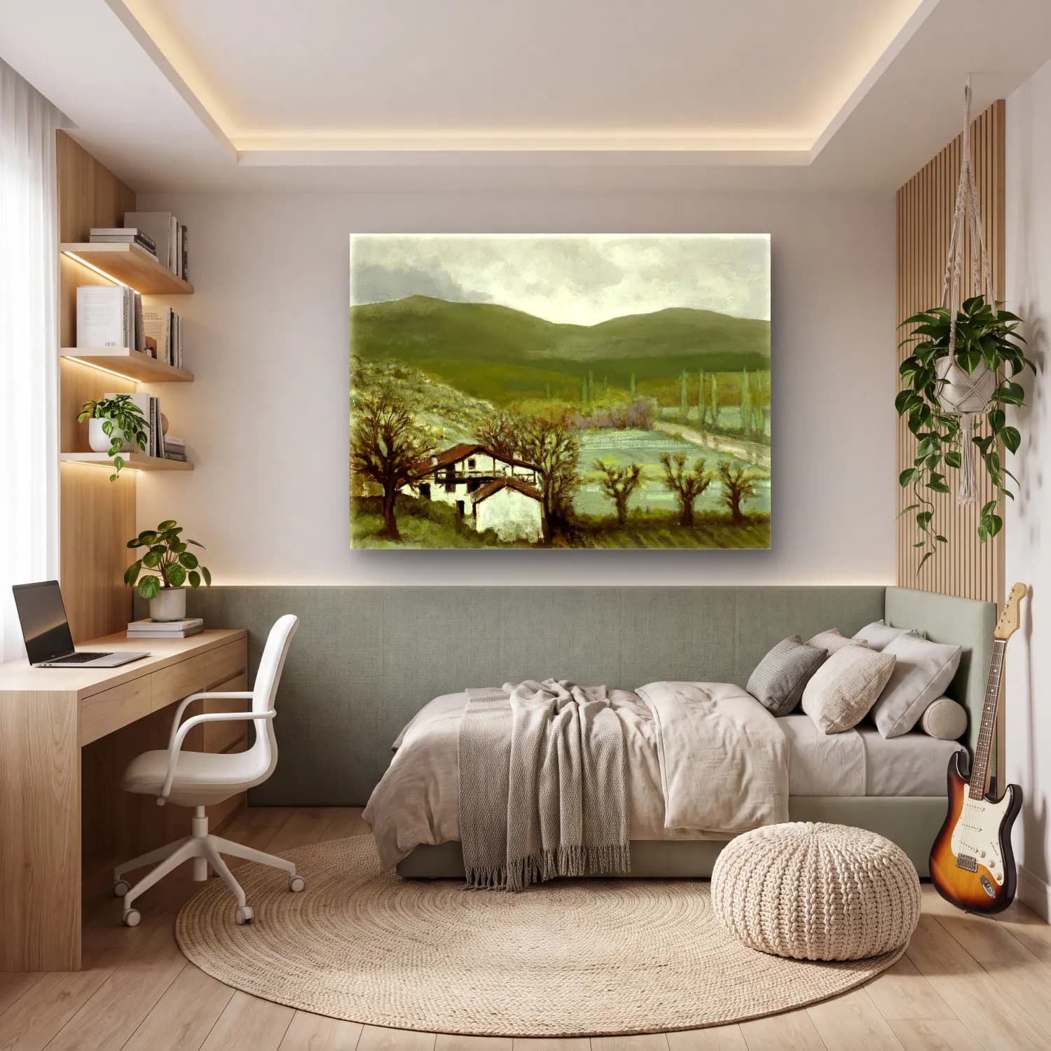 Yağlı Boya Kır Evi – Yeşil Tonlar cam tablo — genç odasında