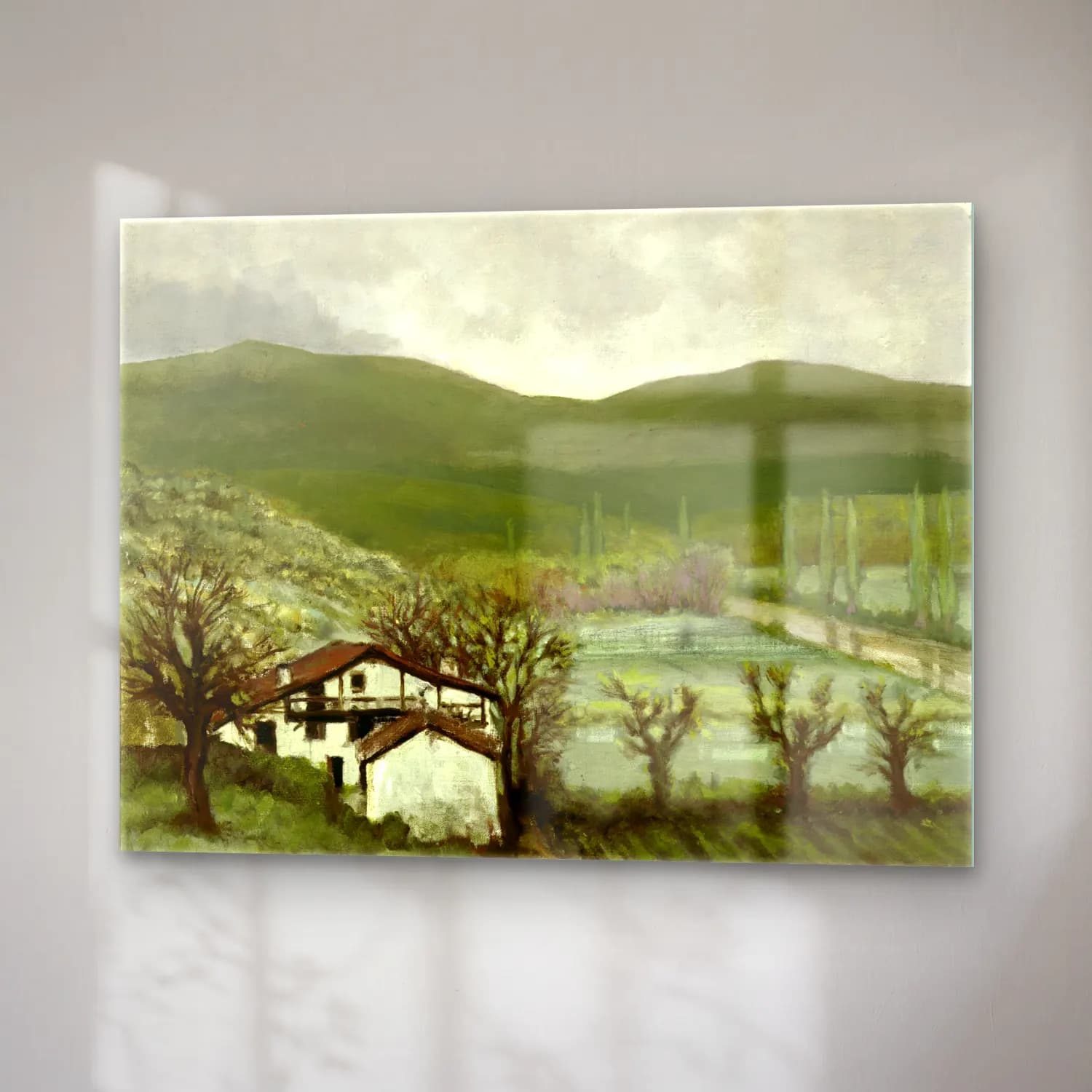 Yağlı Boya Kır Evi – Yeşil Tonlar cam tablo — sağ açıdan görünüm