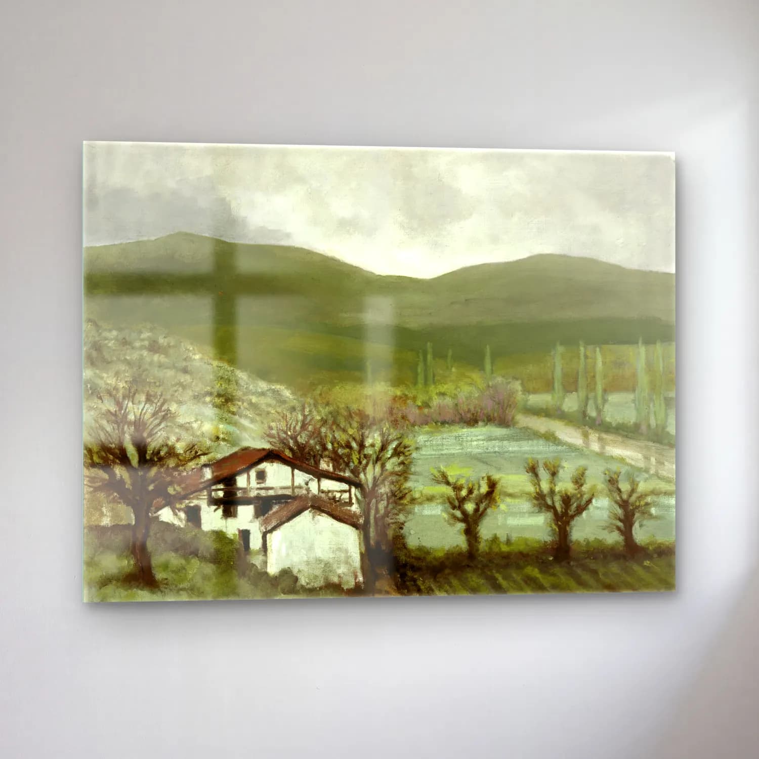 Yağlı Boya Kır Evi – Yeşil Tonlar cam tablo — sol açıdan görünüm