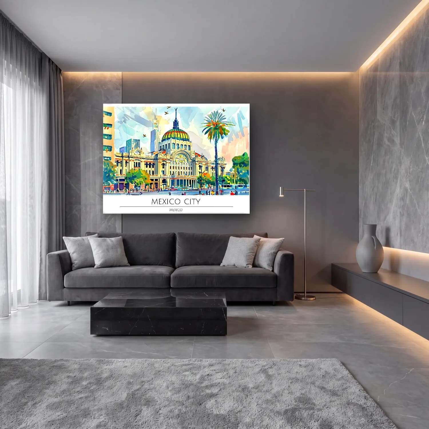 Suluboya Katedral – Turkuaz Tonlar cam tablo — lüks salon duvarında