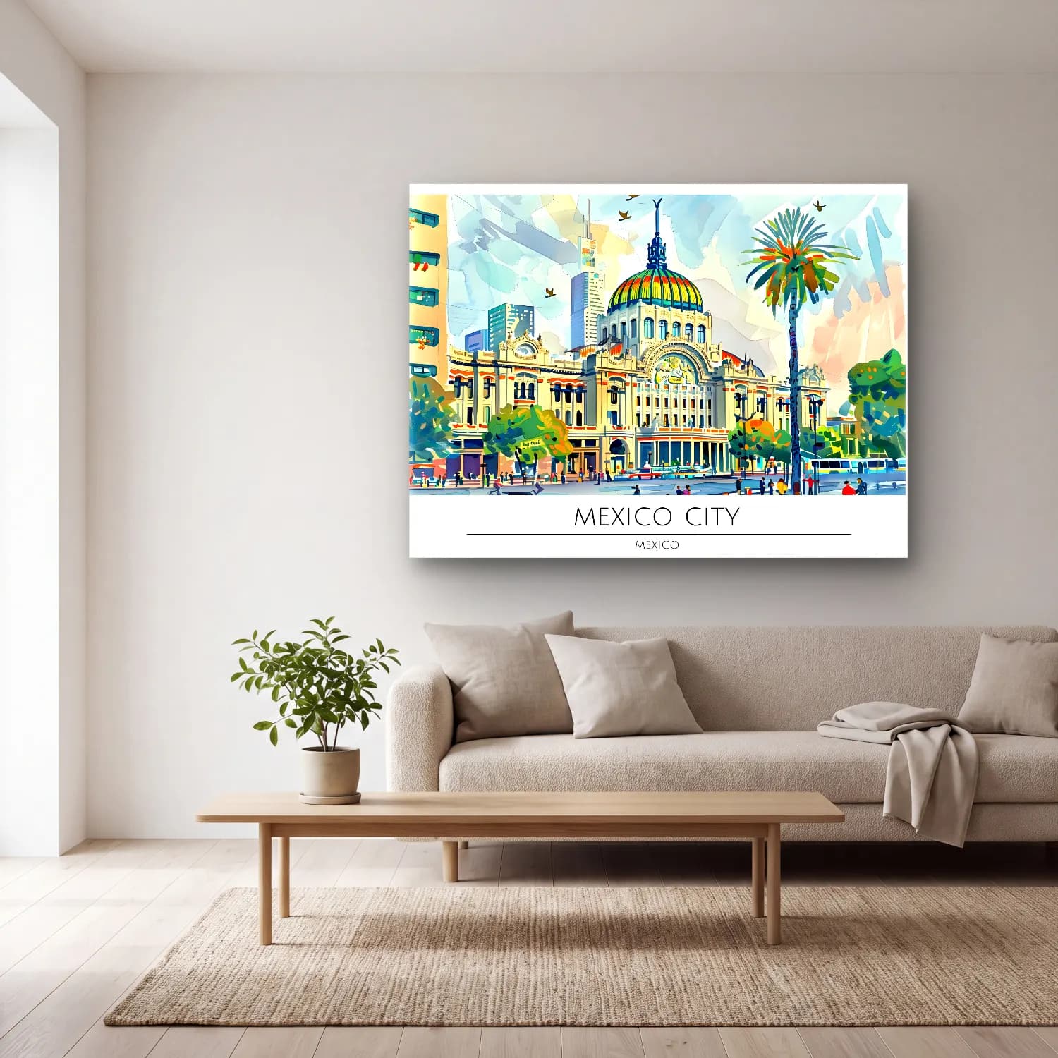 Suluboya Katedral – Turkuaz Tonlar cam tablo — açık renk salonda
