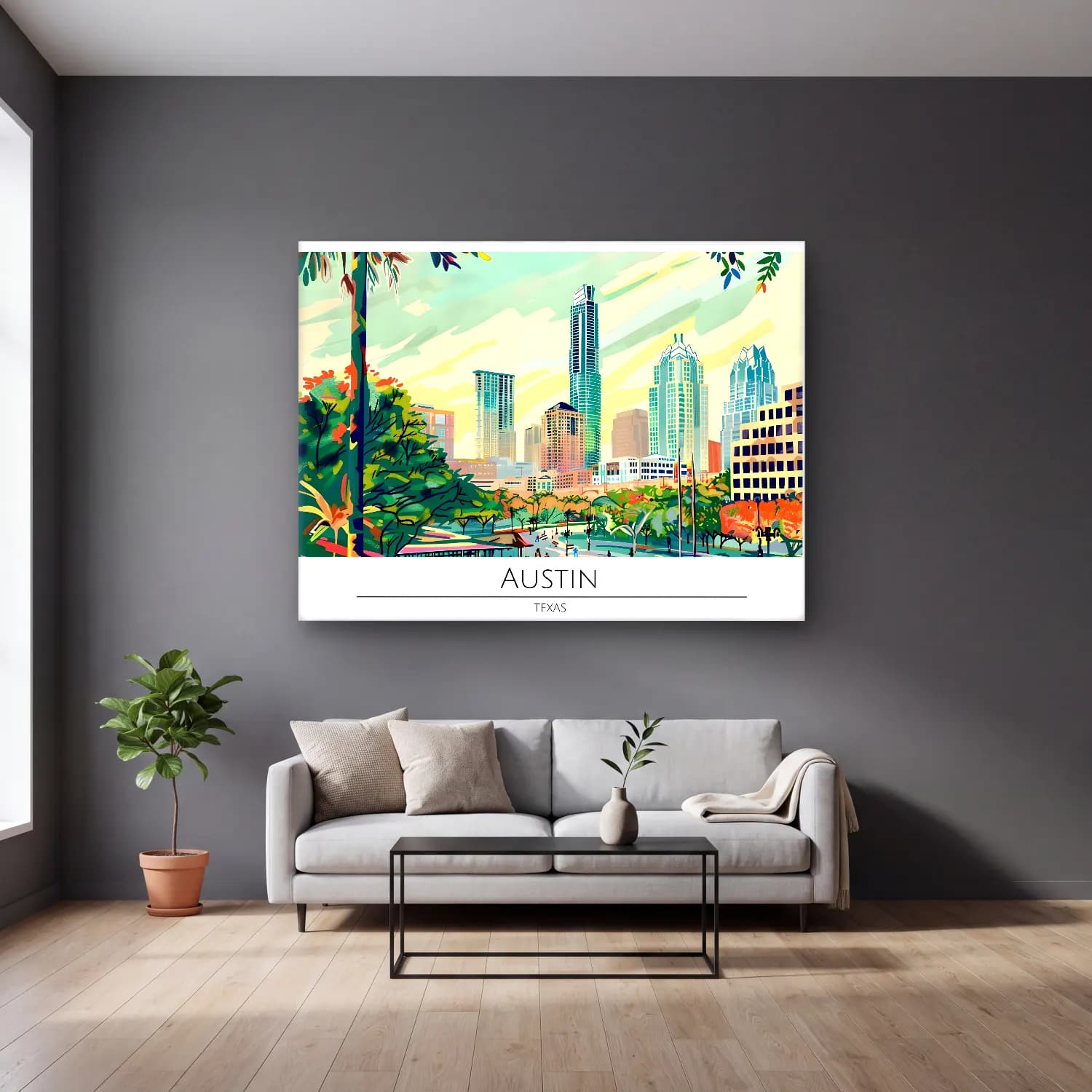 Pastel Katedral No. 18 cam tablo — gri duvarlı salonda