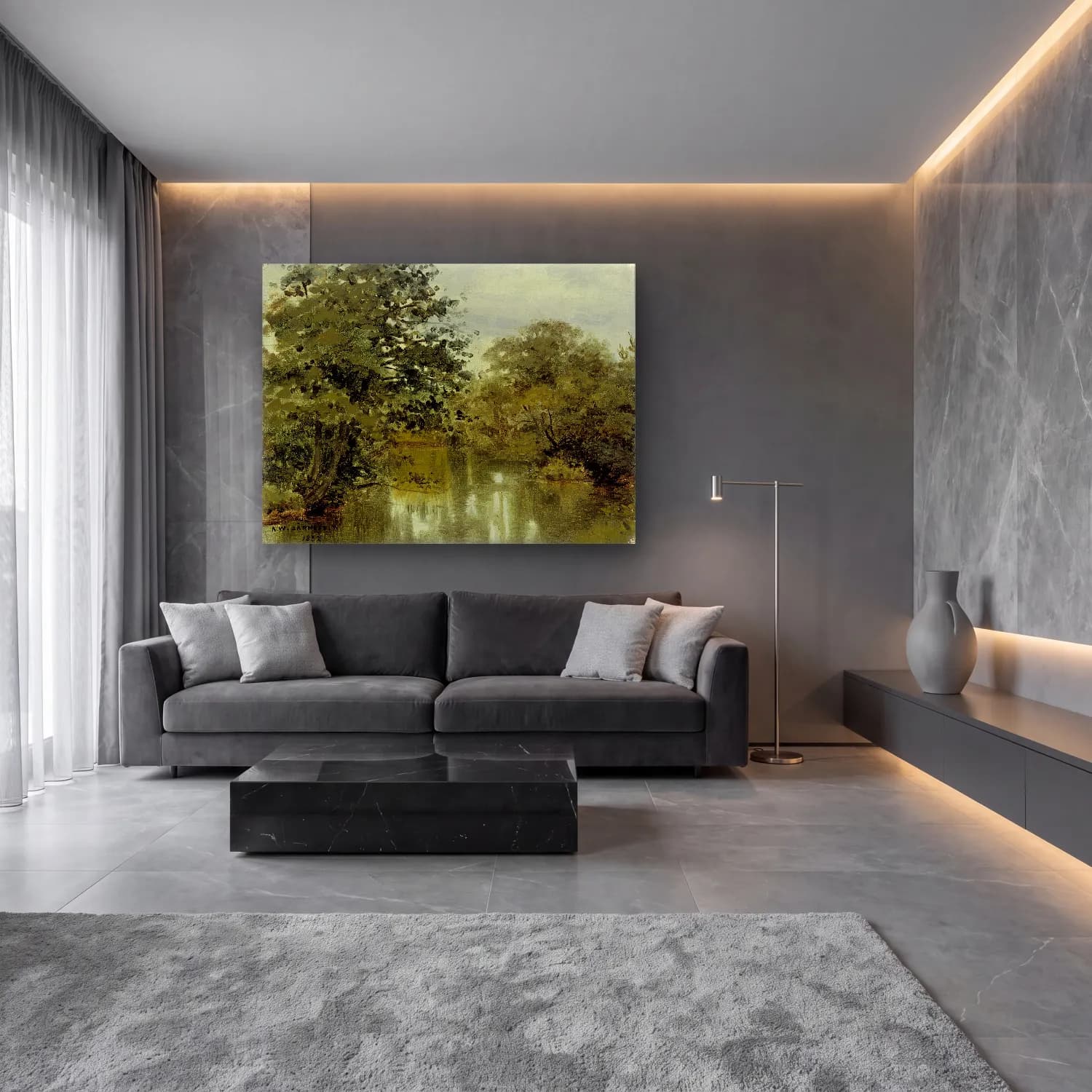 Yağlı Boya Kırda Nehir No. 42 cam tablo — lüks salon duvarında