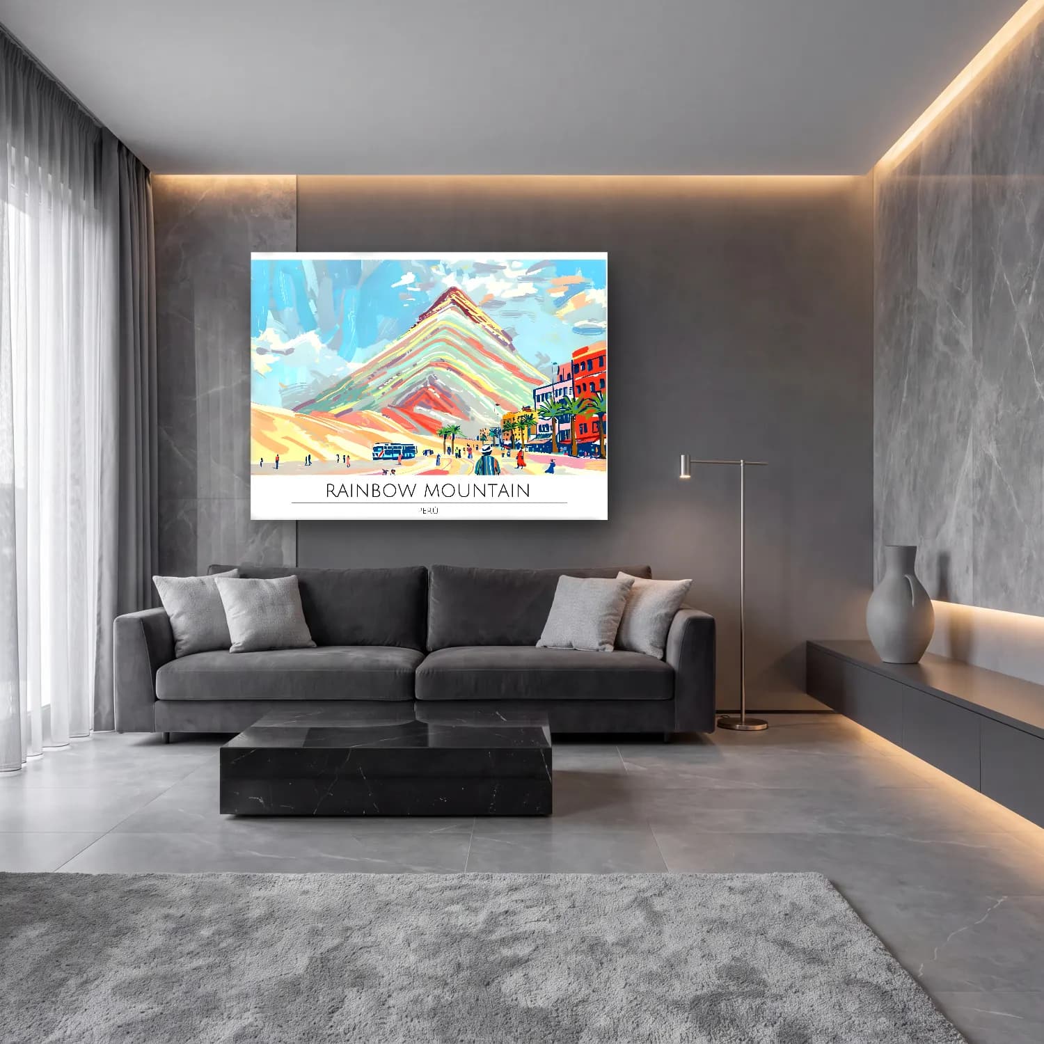 Pastel Dağ Manzarası No. 19 cam tablo — lüks salon duvarında