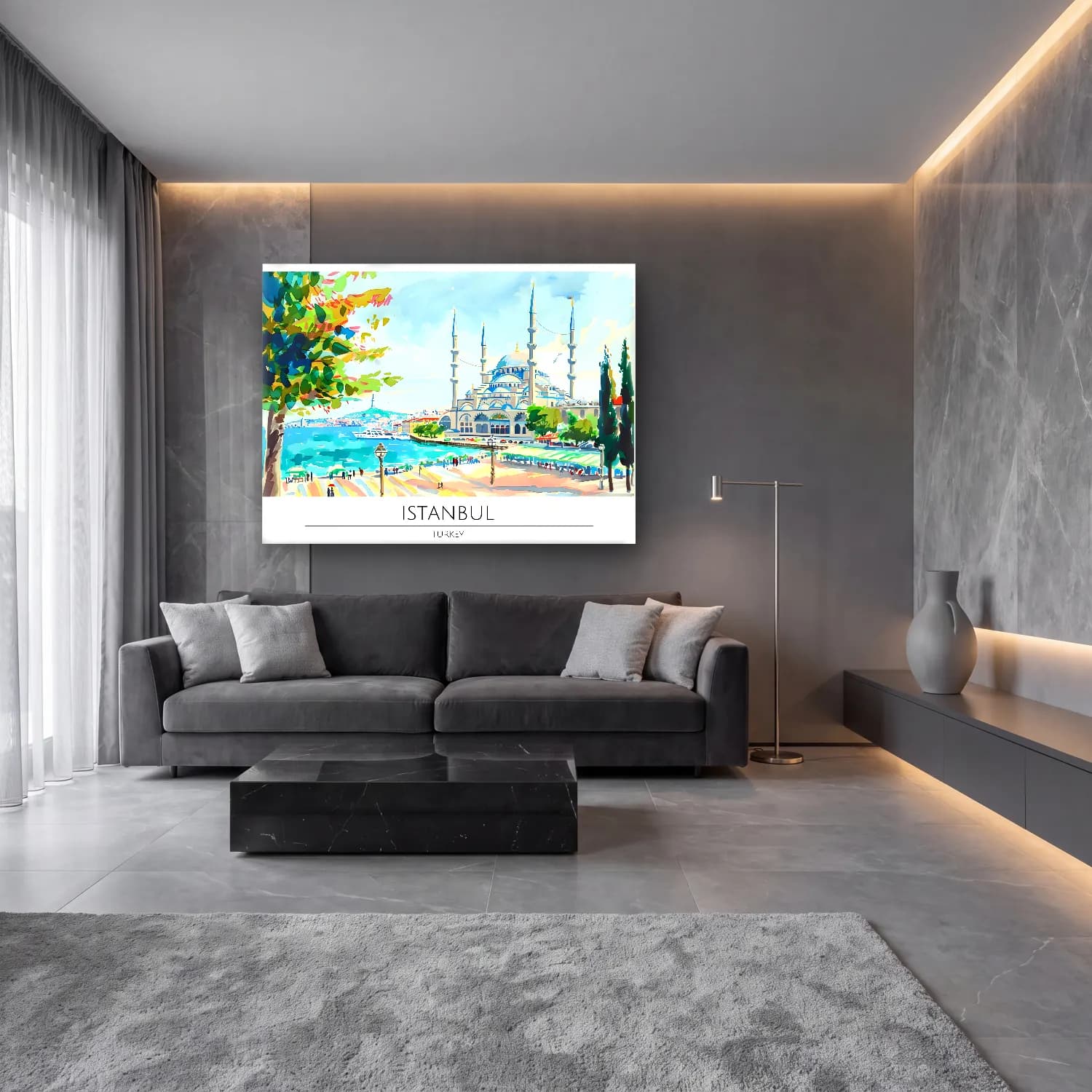 Suluboya İstanbul – Turkuaz Tonlar cam tablo — lüks salon duvarında