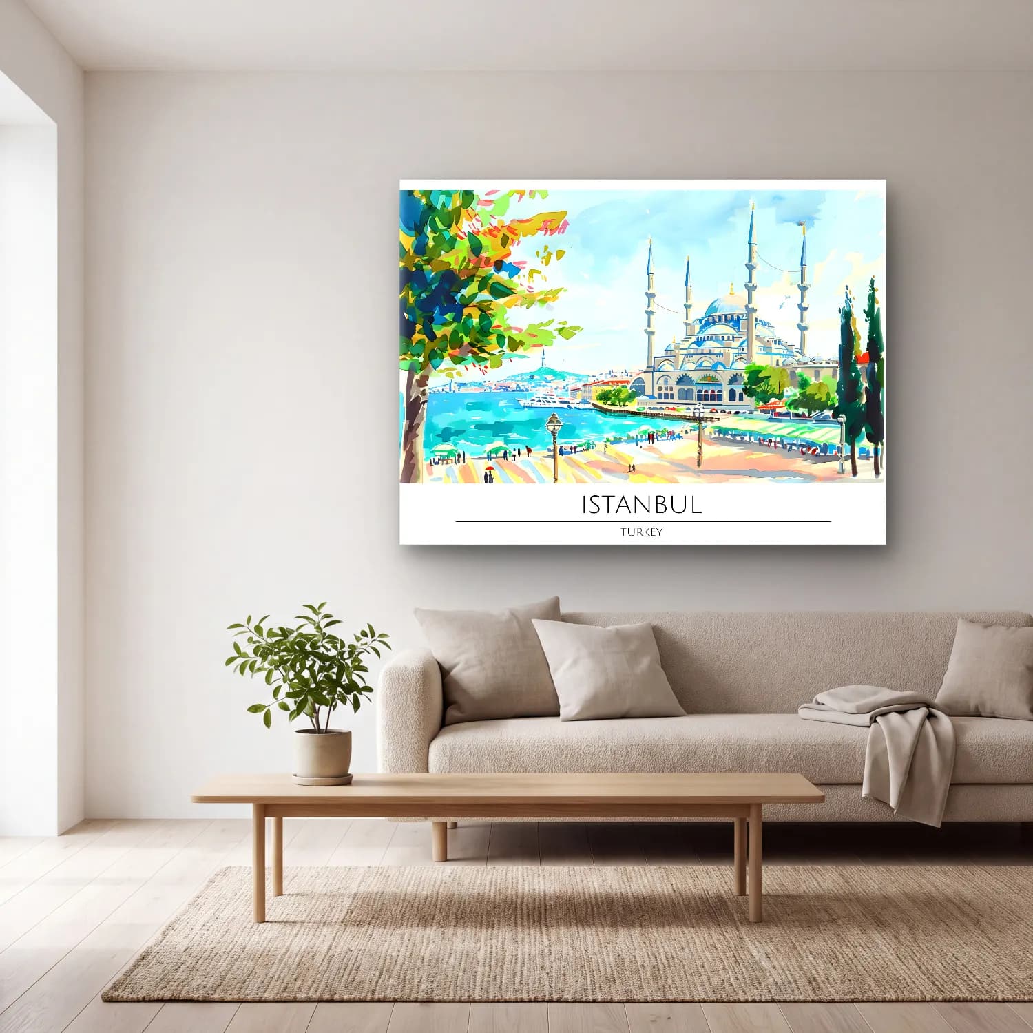 Suluboya İstanbul – Turkuaz Tonlar cam tablo — açık renk salonda