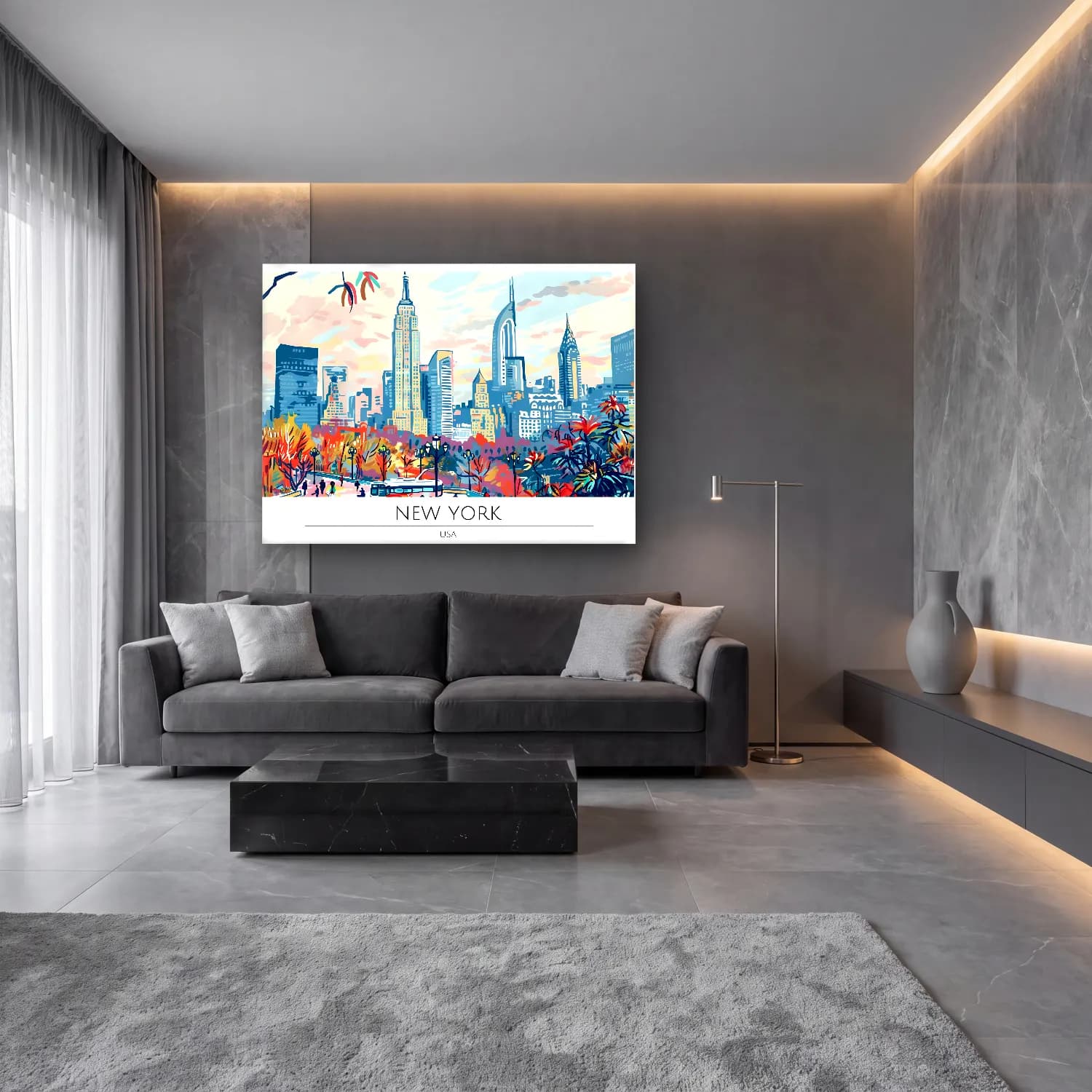 Pastel New York Silüeti No. 12 cam tablo — lüks salon duvarında