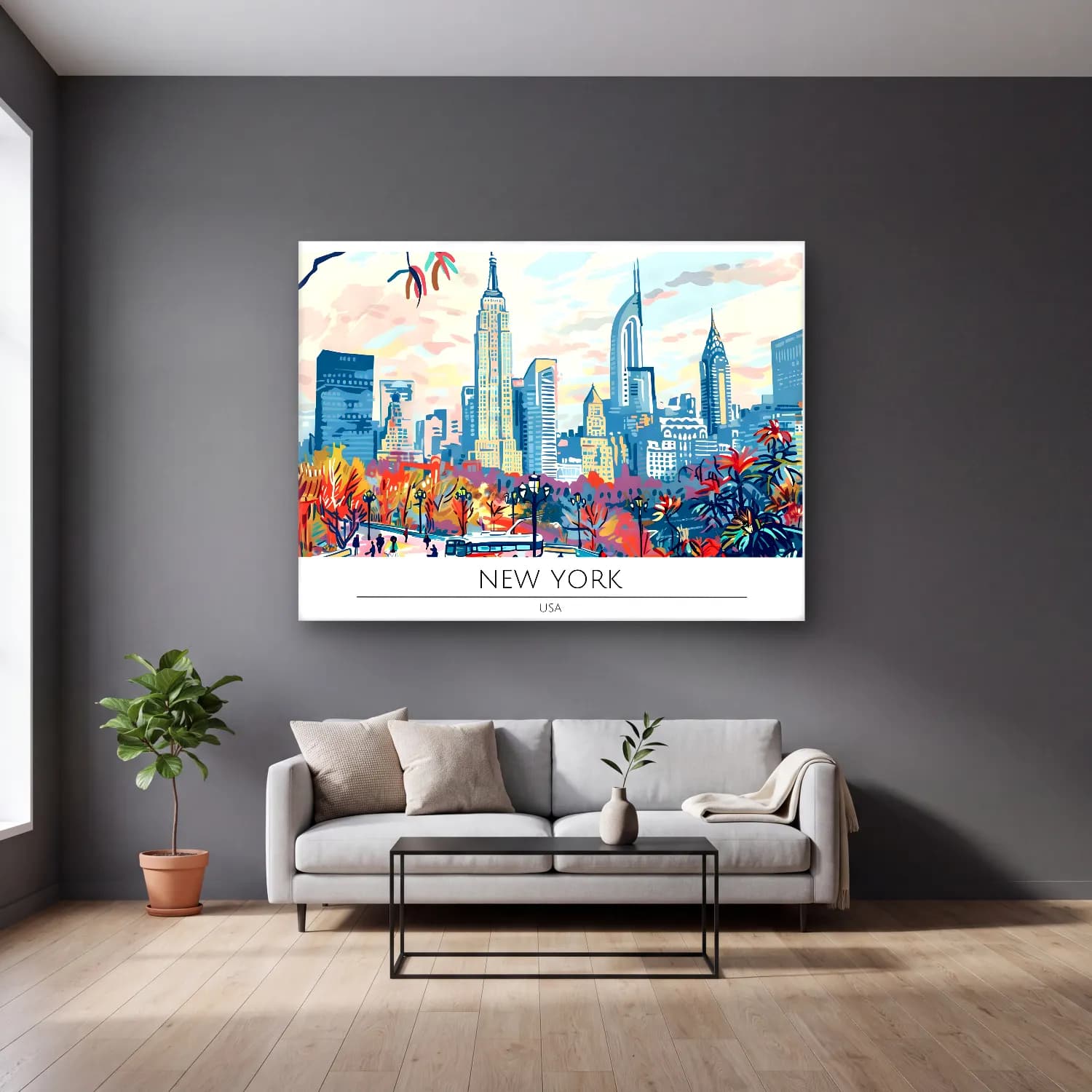Pastel New York Silüeti No. 12 cam tablo — gri duvarlı salonda