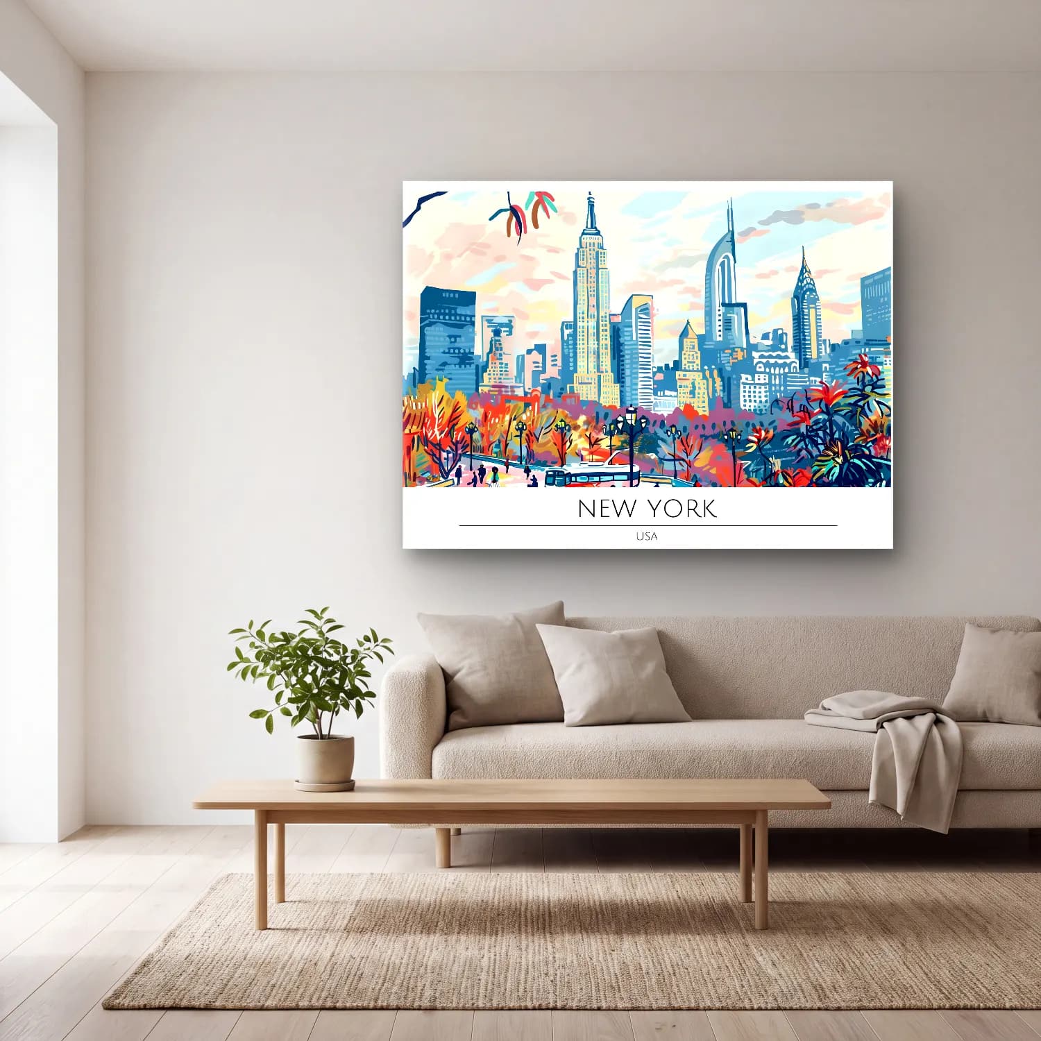 Pastel New York Silüeti No. 12 cam tablo — açık renk salonda
