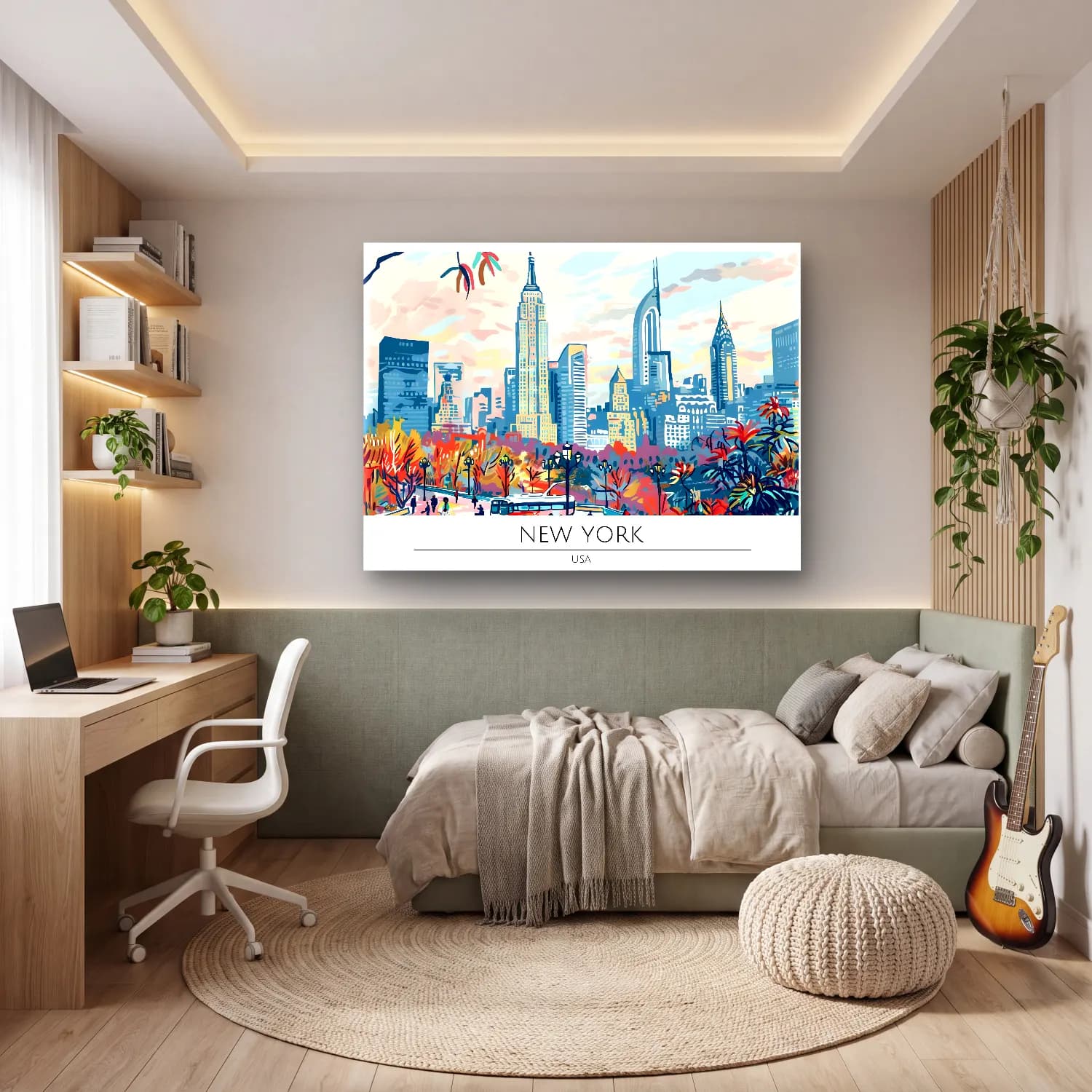 Pastel New York Silüeti No. 12 cam tablo — genç odasında