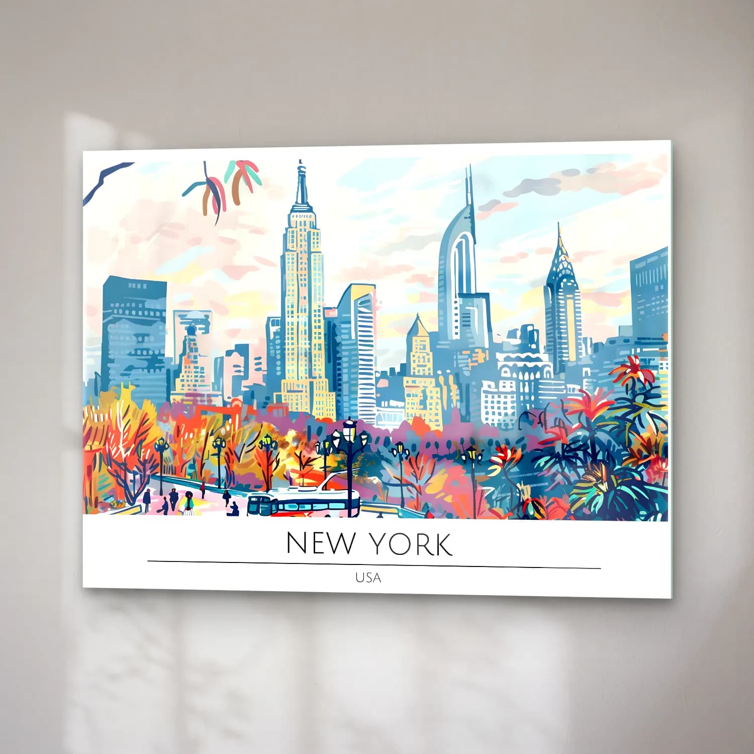 Pastel New York Silüeti No. 12 cam tablo — sağ açıdan görünüm