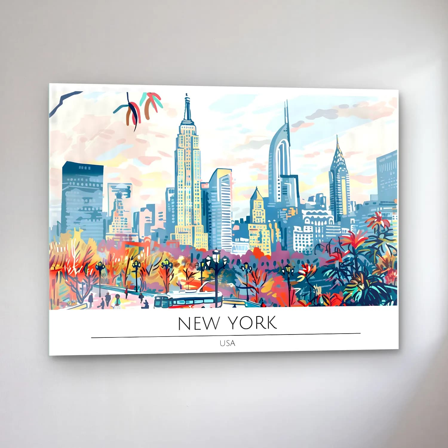 Pastel New York Silüeti No. 12 cam tablo — sol açıdan görünüm