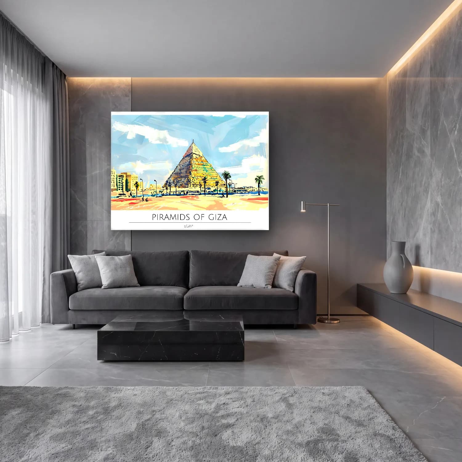 Modern Soyut Mısır Piramitleri cam tablo — lüks salon duvarında