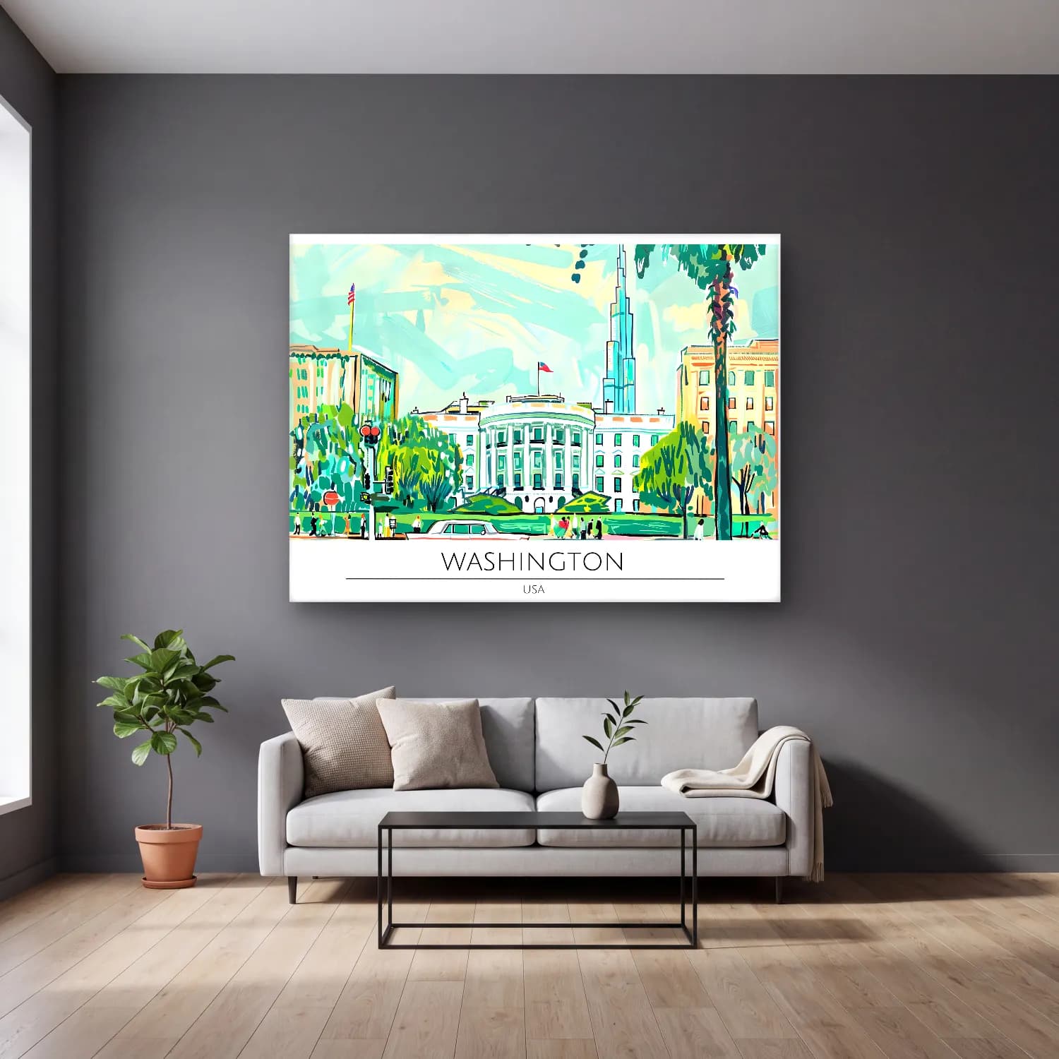 Pop Art Londra cam tablo — gri duvarlı salonda
