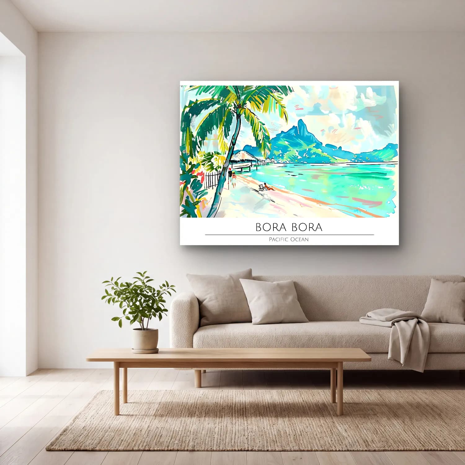 Boho Palmiyeli Tropik Sahil – Pastel Tonlar cam tablo — açık renk salonda