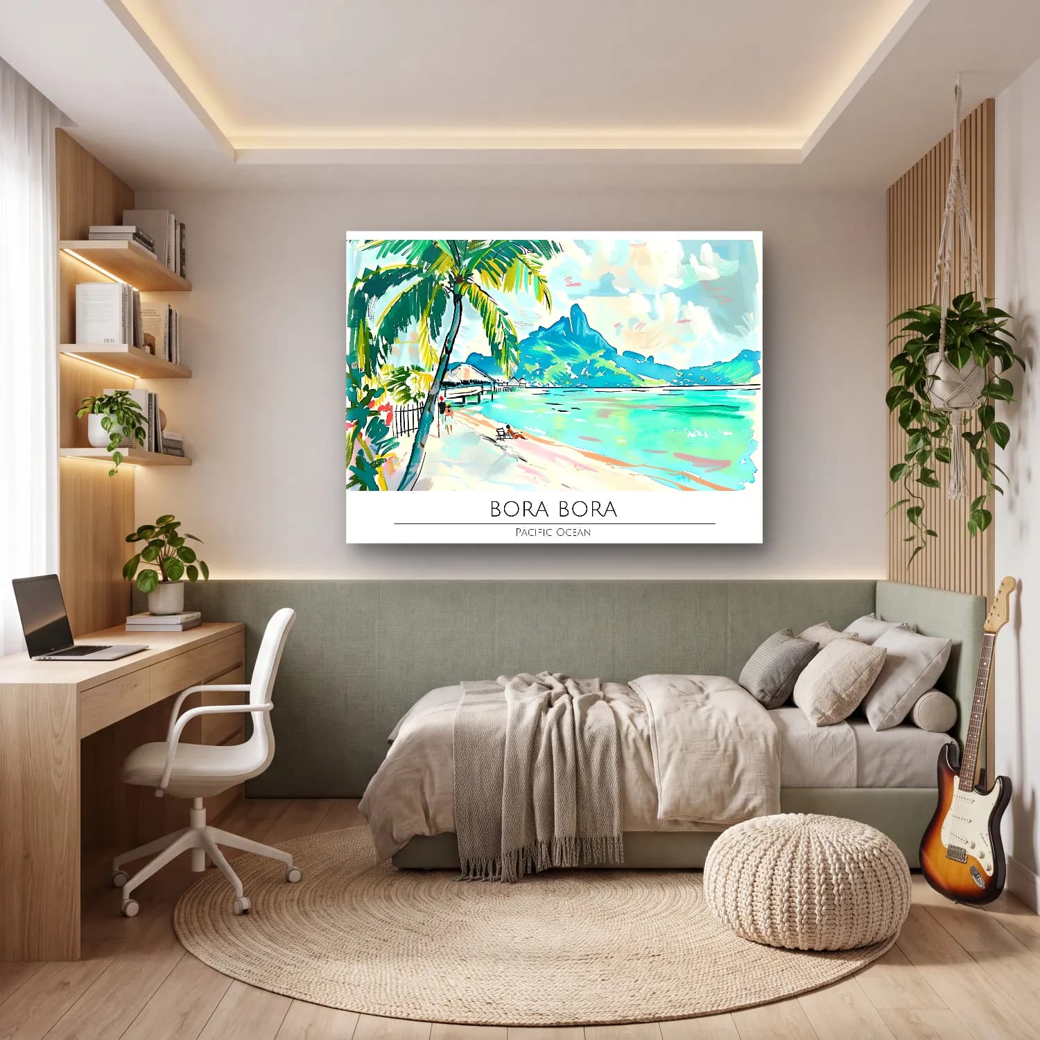 Boho Palmiyeli Tropik Sahil – Pastel Tonlar cam tablo — genç odasında