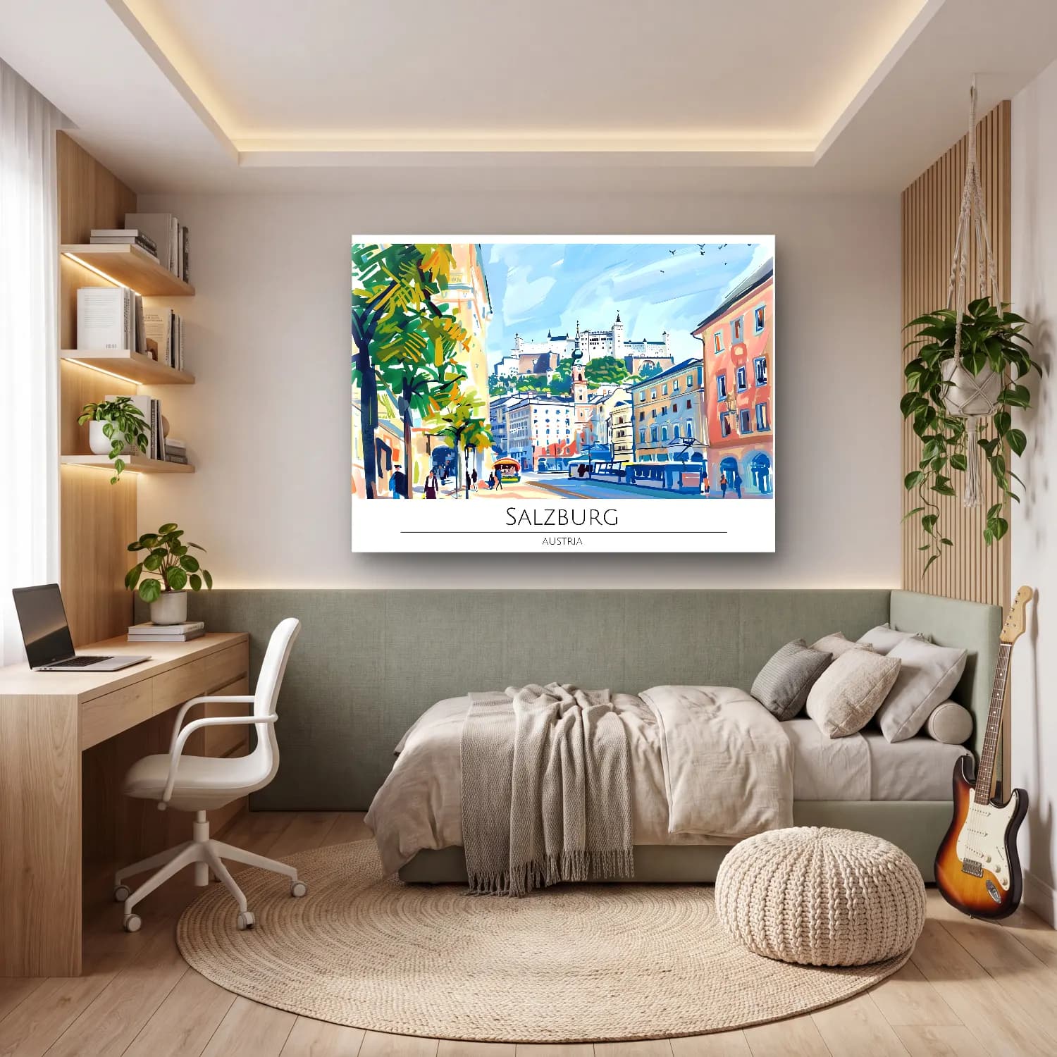 Suluboya Kafeli Avrupa Sokağı – Sarı Tonlar cam tablo — genç odasında