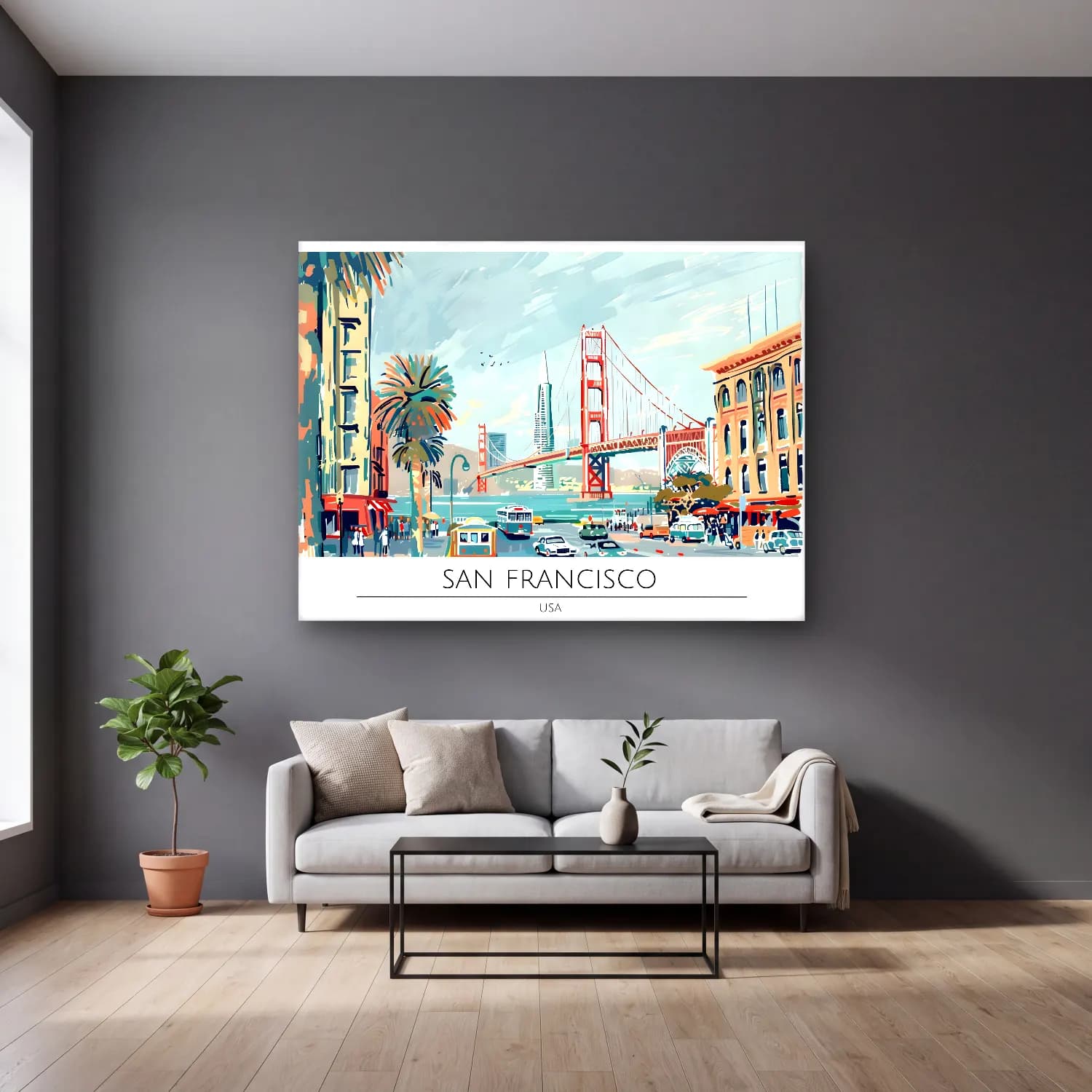 Vintage Poster Liman ve Tekneler No. 6 cam tablo — gri duvarlı salonda