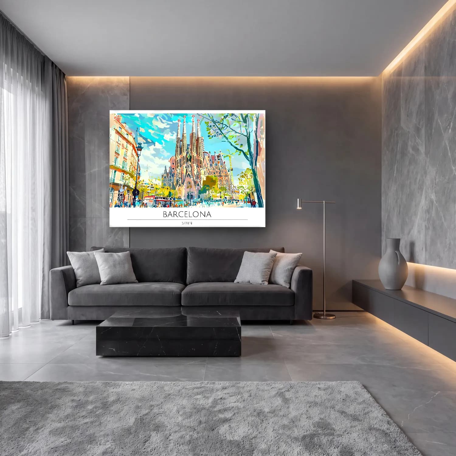 Pop Art Katedral – Mavi Tonlar cam tablo — lüks salon duvarında