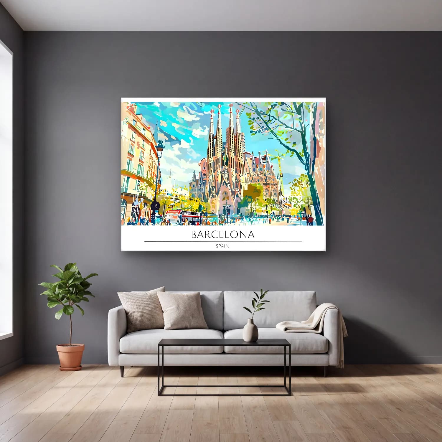 Pop Art Katedral – Mavi Tonlar cam tablo — gri duvarlı salonda