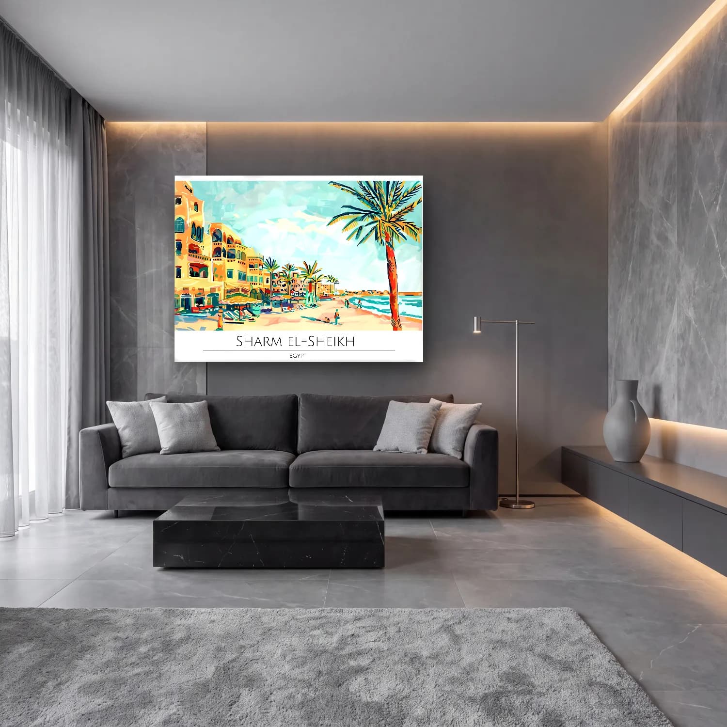 Pastel Akdeniz Sahil Kasabası No. 30 cam tablo — lüks salon duvarında