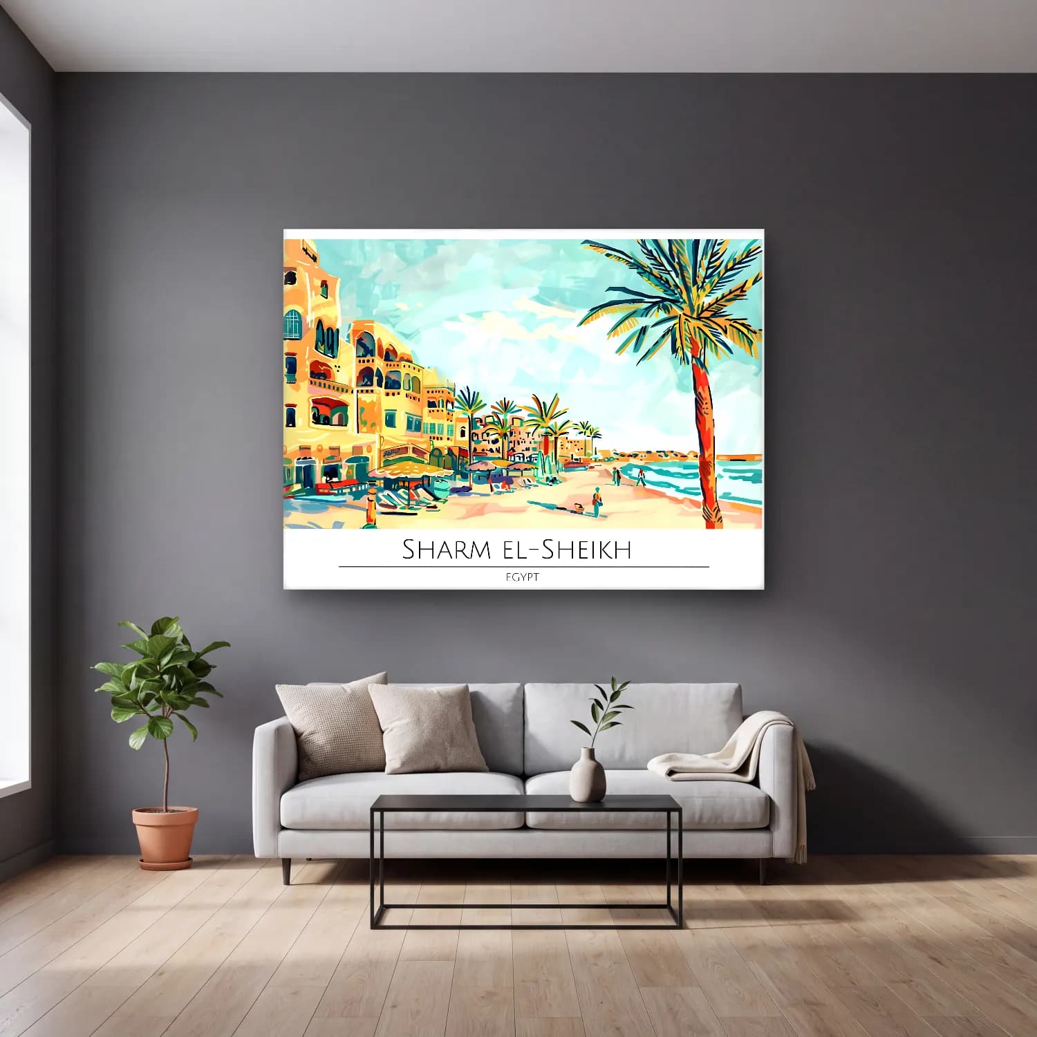 Pastel Akdeniz Sahil Kasabası No. 30 cam tablo — gri duvarlı salonda