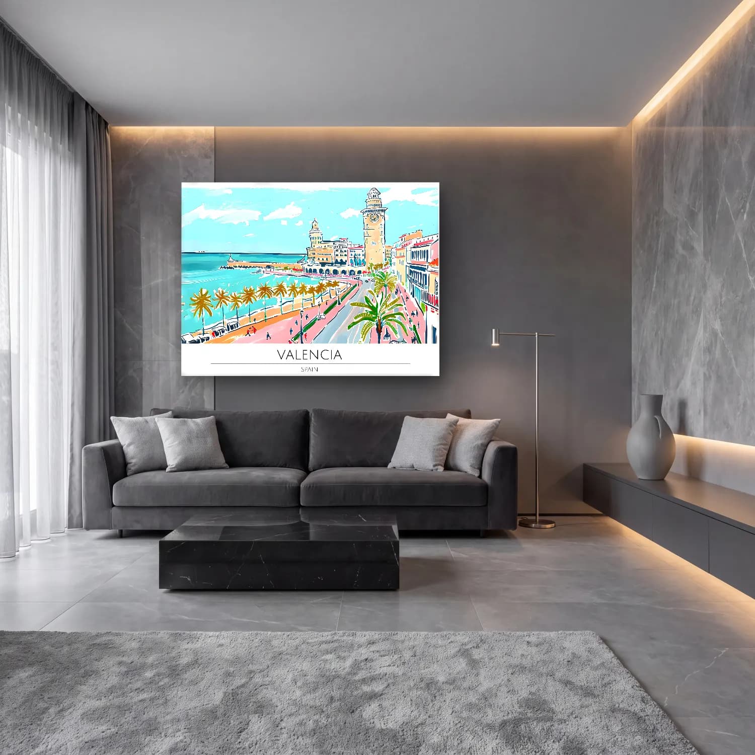 Pastel Akdeniz Sahil Kasabası No. 31 cam tablo — lüks salon duvarında