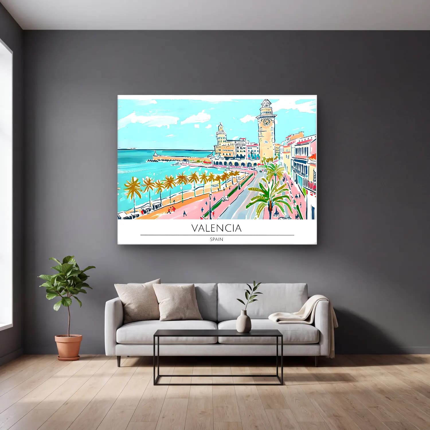 Pastel Akdeniz Sahil Kasabası No. 31 cam tablo — gri duvarlı salonda