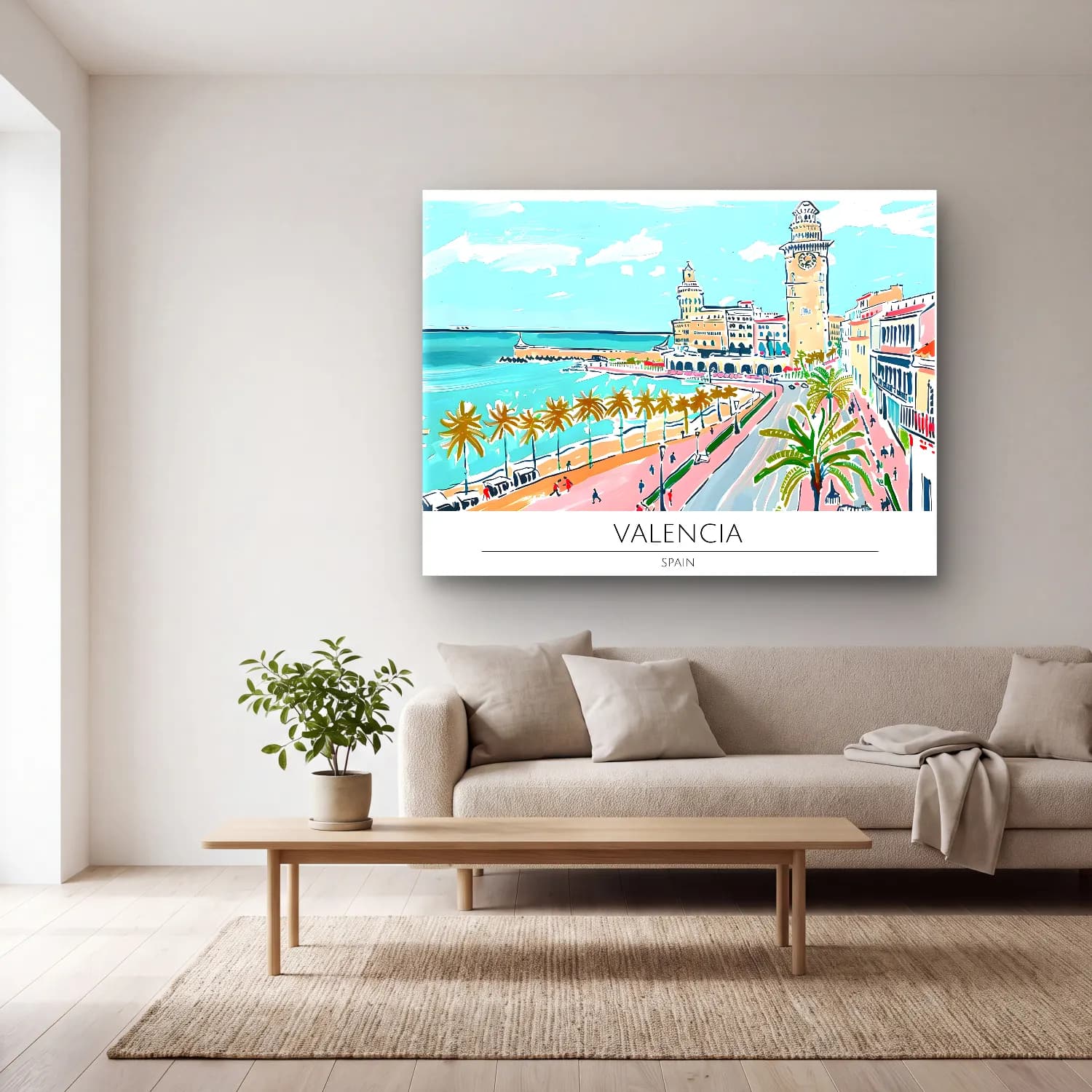 Pastel Akdeniz Sahil Kasabası No. 31 cam tablo — açık renk salonda