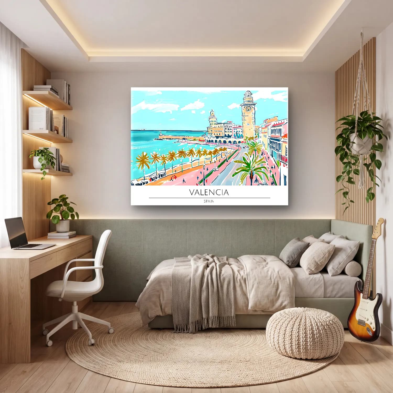 Pastel Akdeniz Sahil Kasabası No. 31 cam tablo — genç odasında
