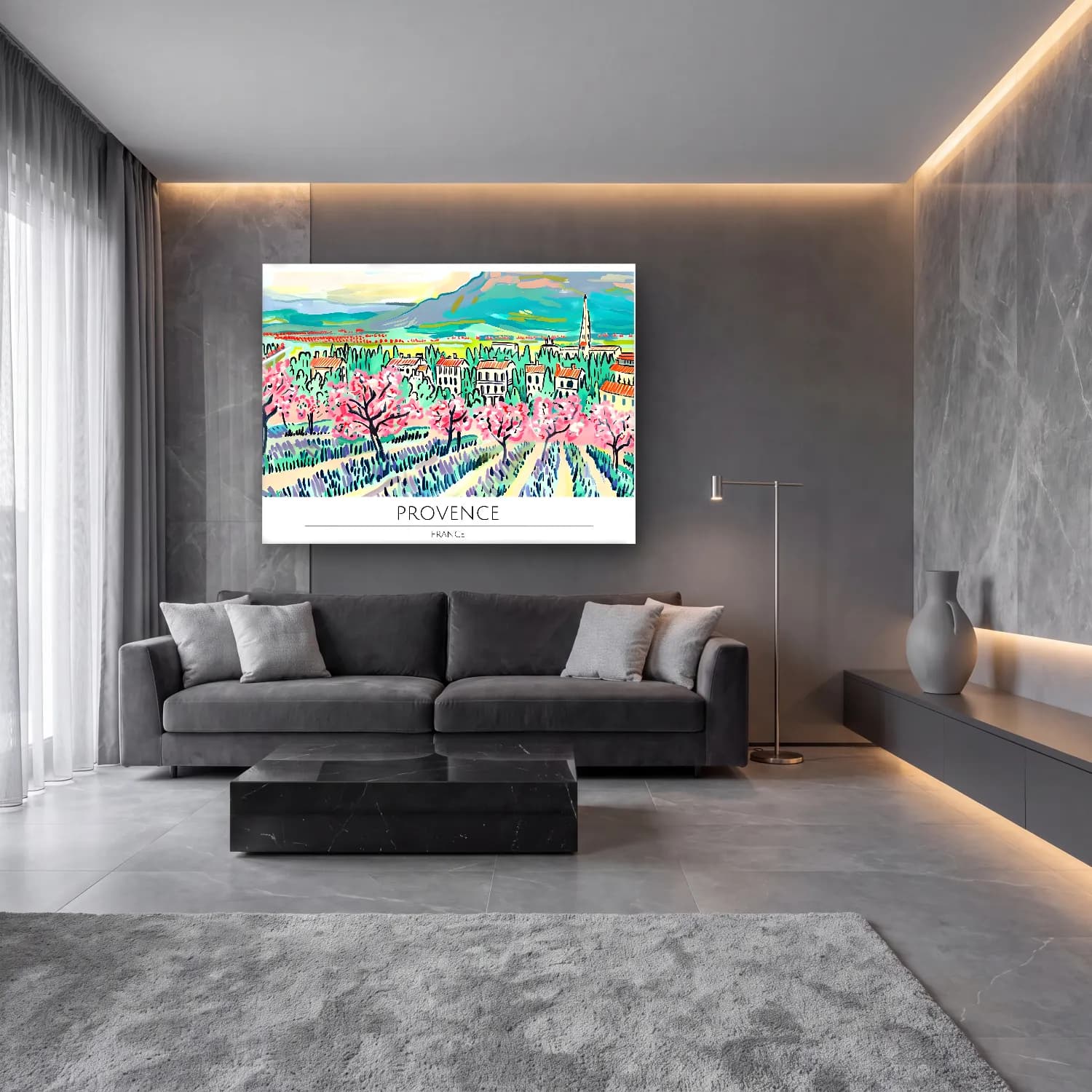 Pastel Akdeniz Sahil Kasabası No. 32 cam tablo — lüks salon duvarında