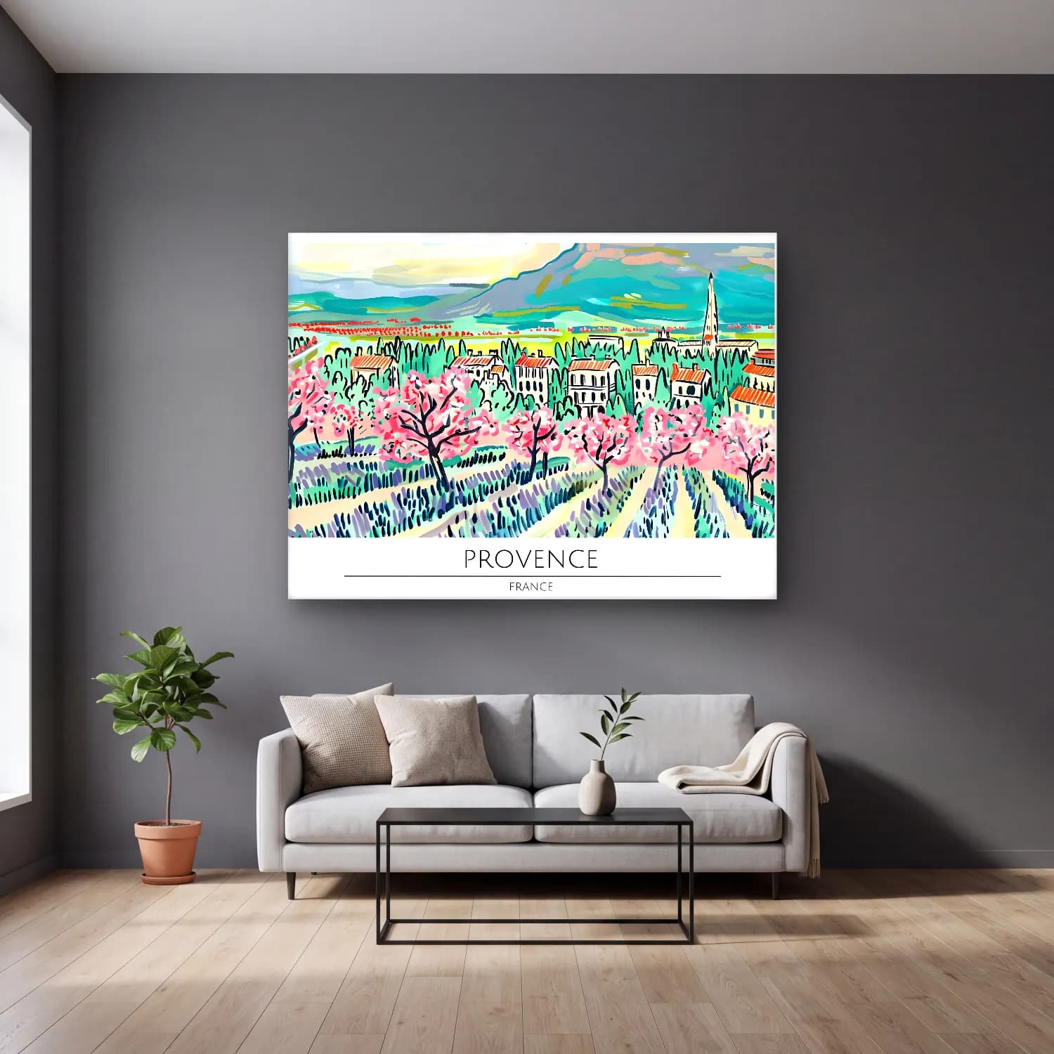 Pastel Akdeniz Sahil Kasabası No. 32 cam tablo — gri duvarlı salonda