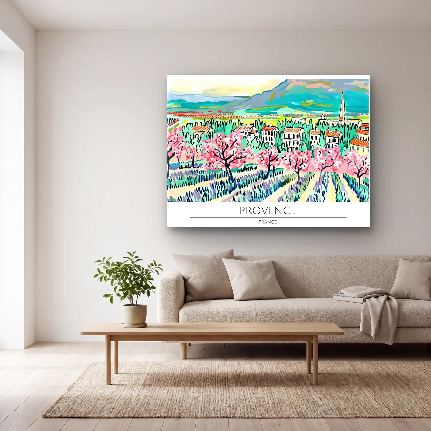 Pastel Akdeniz Sahil Kasabası No. 32 cam tablo — açık renk salonda