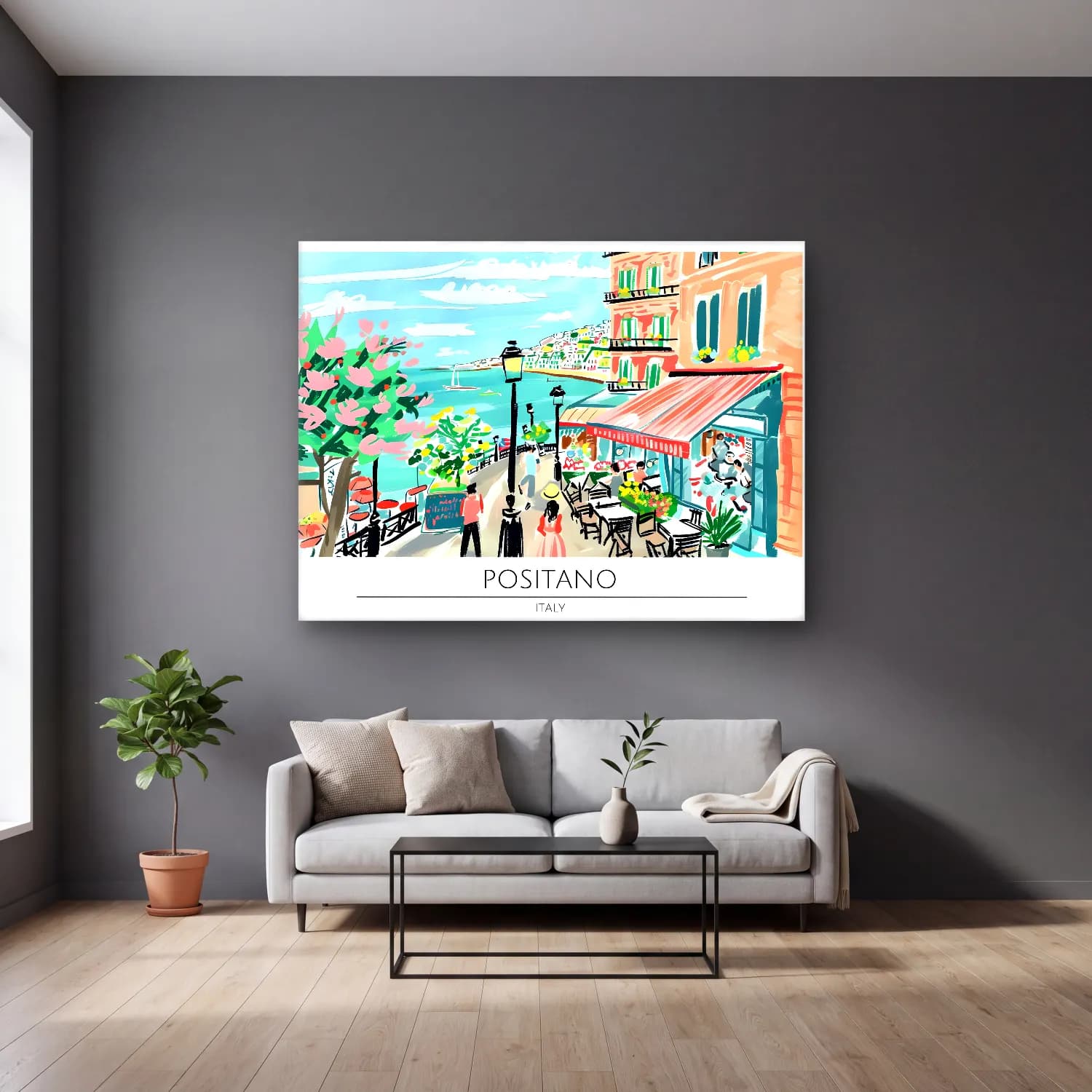 Pastel Akdeniz Sahil Kasabası No. 33 cam tablo — gri duvarlı salonda