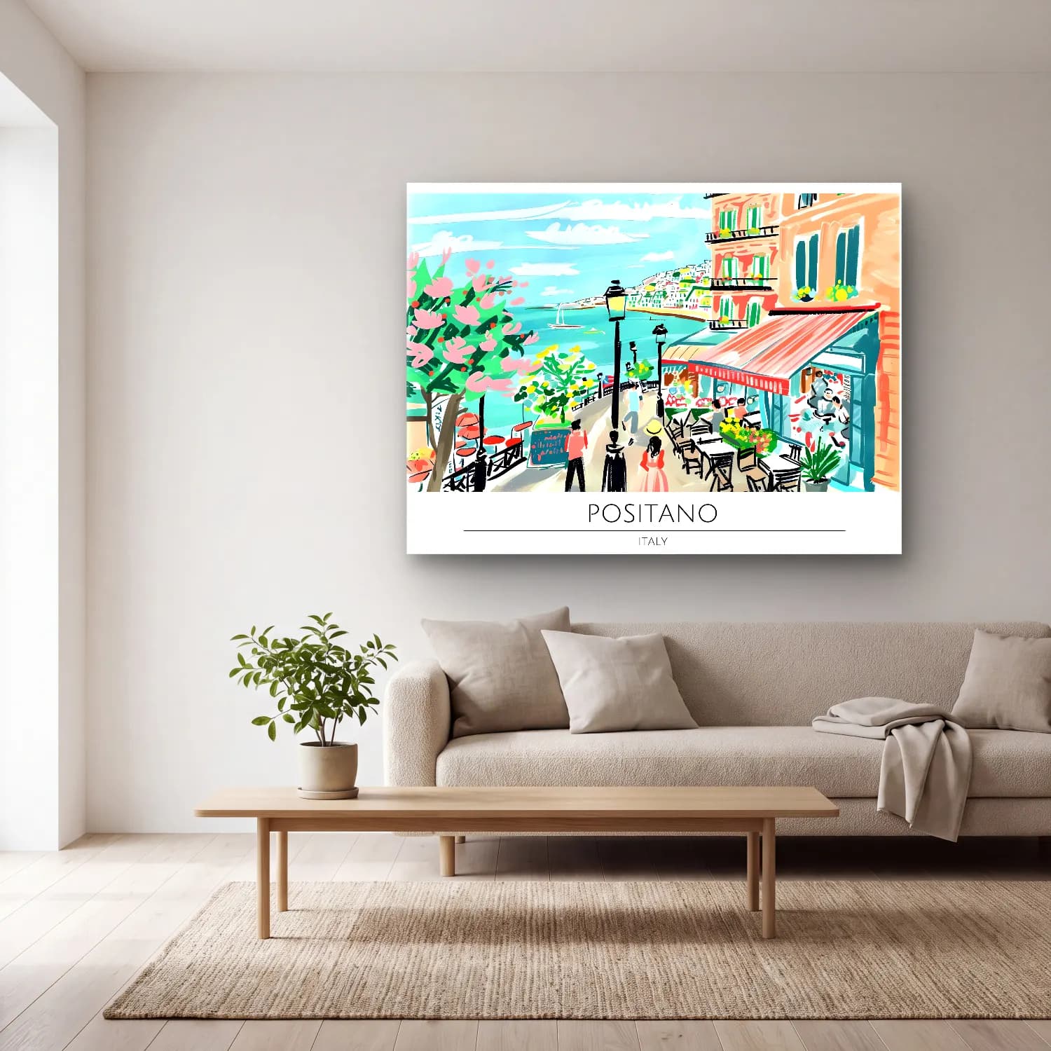 Pastel Akdeniz Sahil Kasabası No. 33 cam tablo — açık renk salonda
