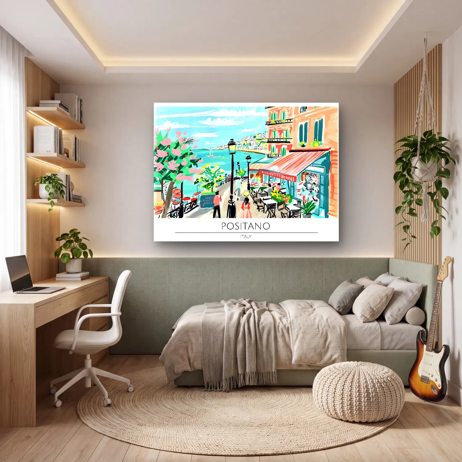 Pastel Akdeniz Sahil Kasabası No. 33 cam tablo — genç odasında