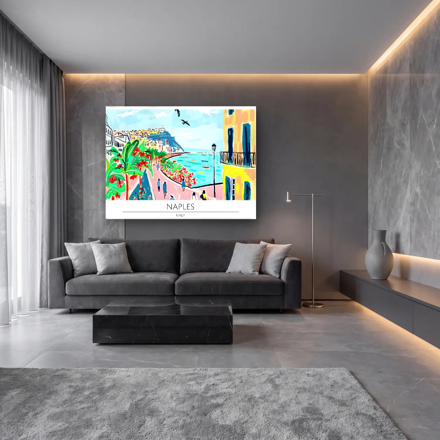Pastel Akdeniz Sahil Kasabası No. 34 cam tablo — lüks salon duvarında