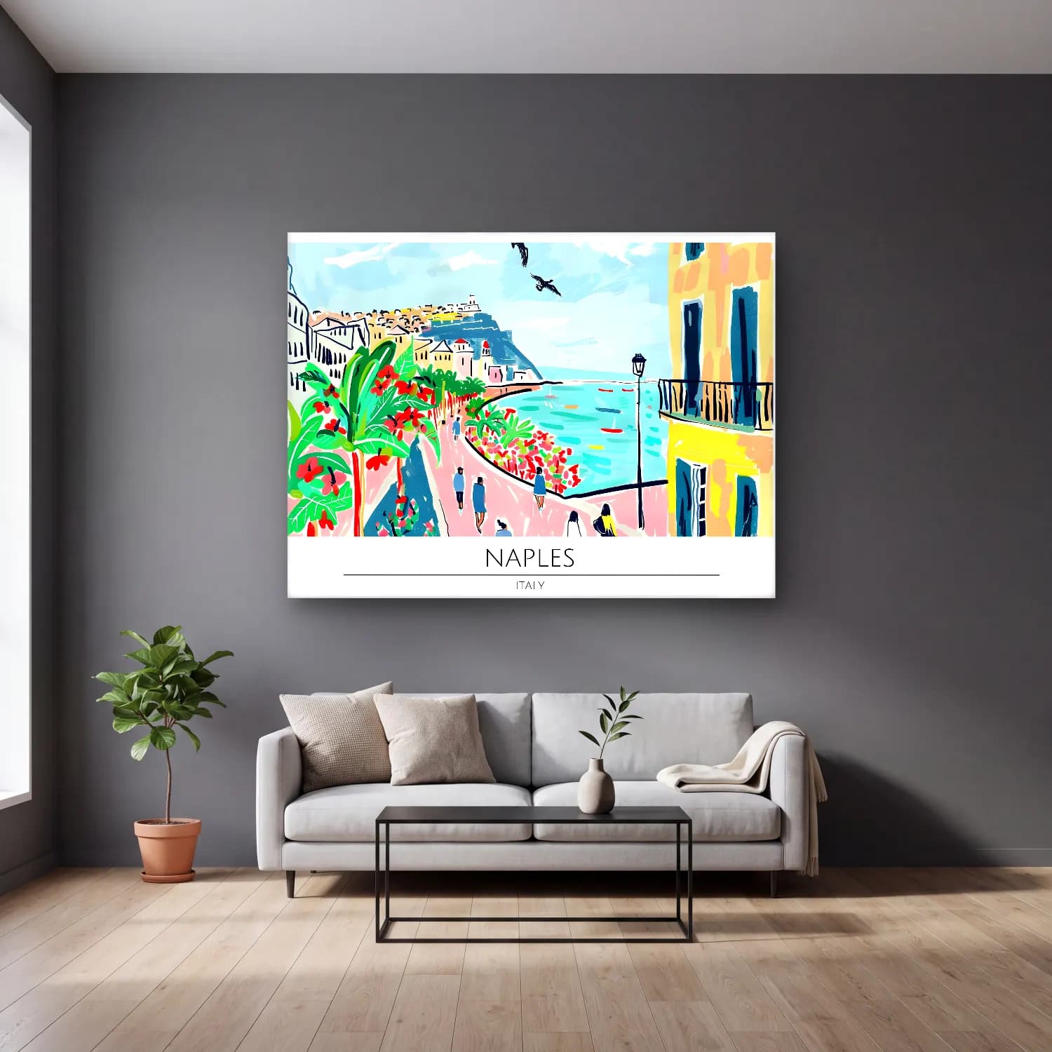 Pastel Akdeniz Sahil Kasabası No. 34 cam tablo — gri duvarlı salonda