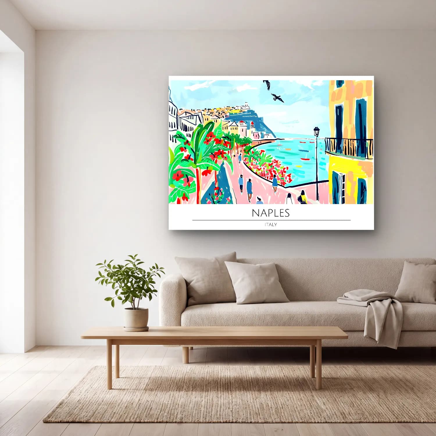Pastel Akdeniz Sahil Kasabası No. 34 cam tablo — açık renk salonda