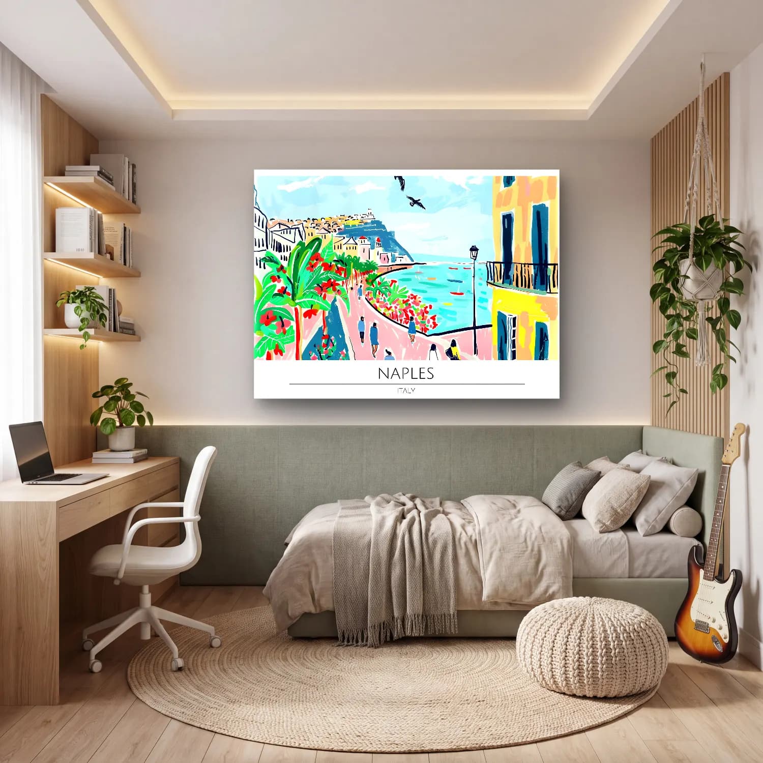 Pastel Akdeniz Sahil Kasabası No. 34 cam tablo — genç odasında