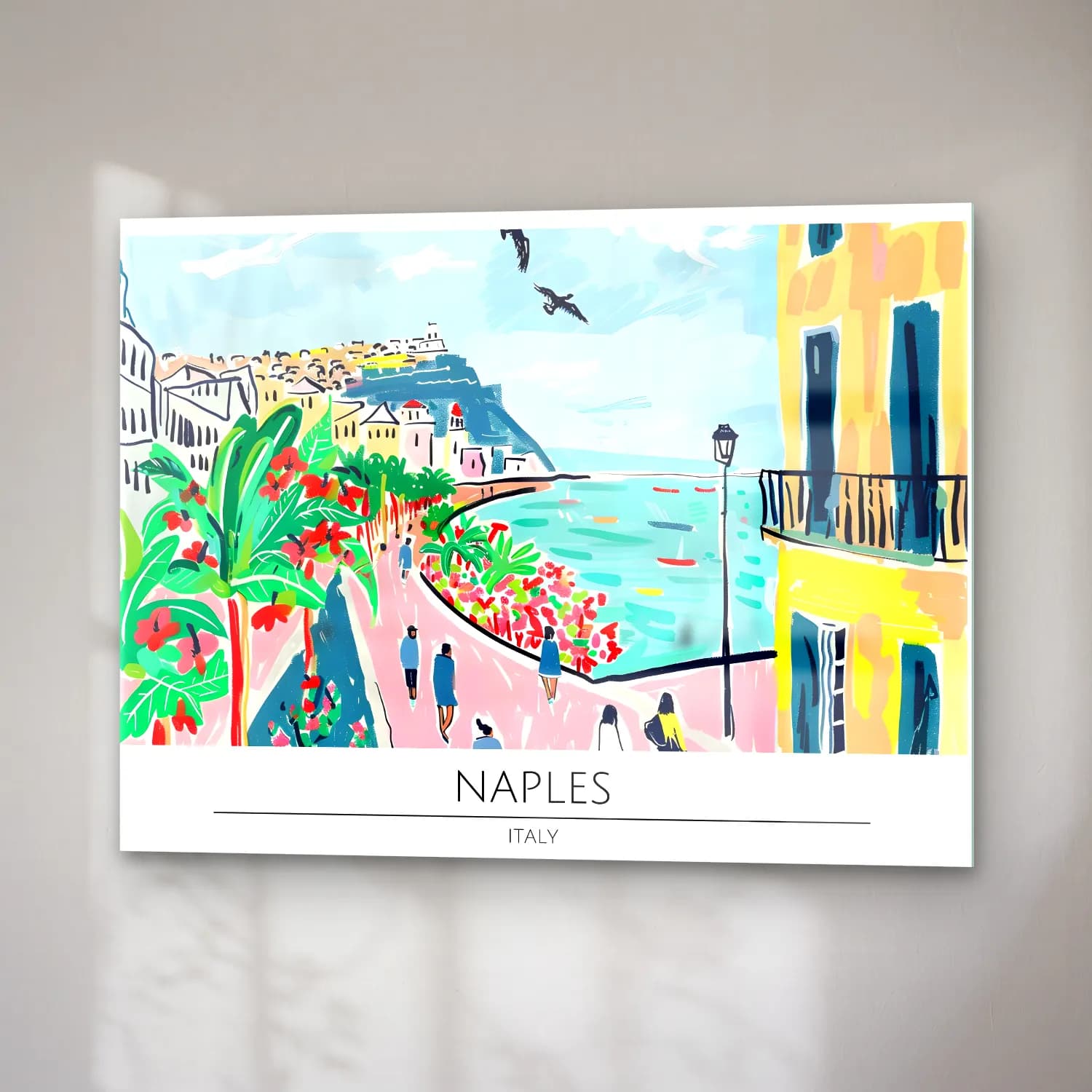 Pastel Akdeniz Sahil Kasabası No. 34 cam tablo — sağ açıdan görünüm