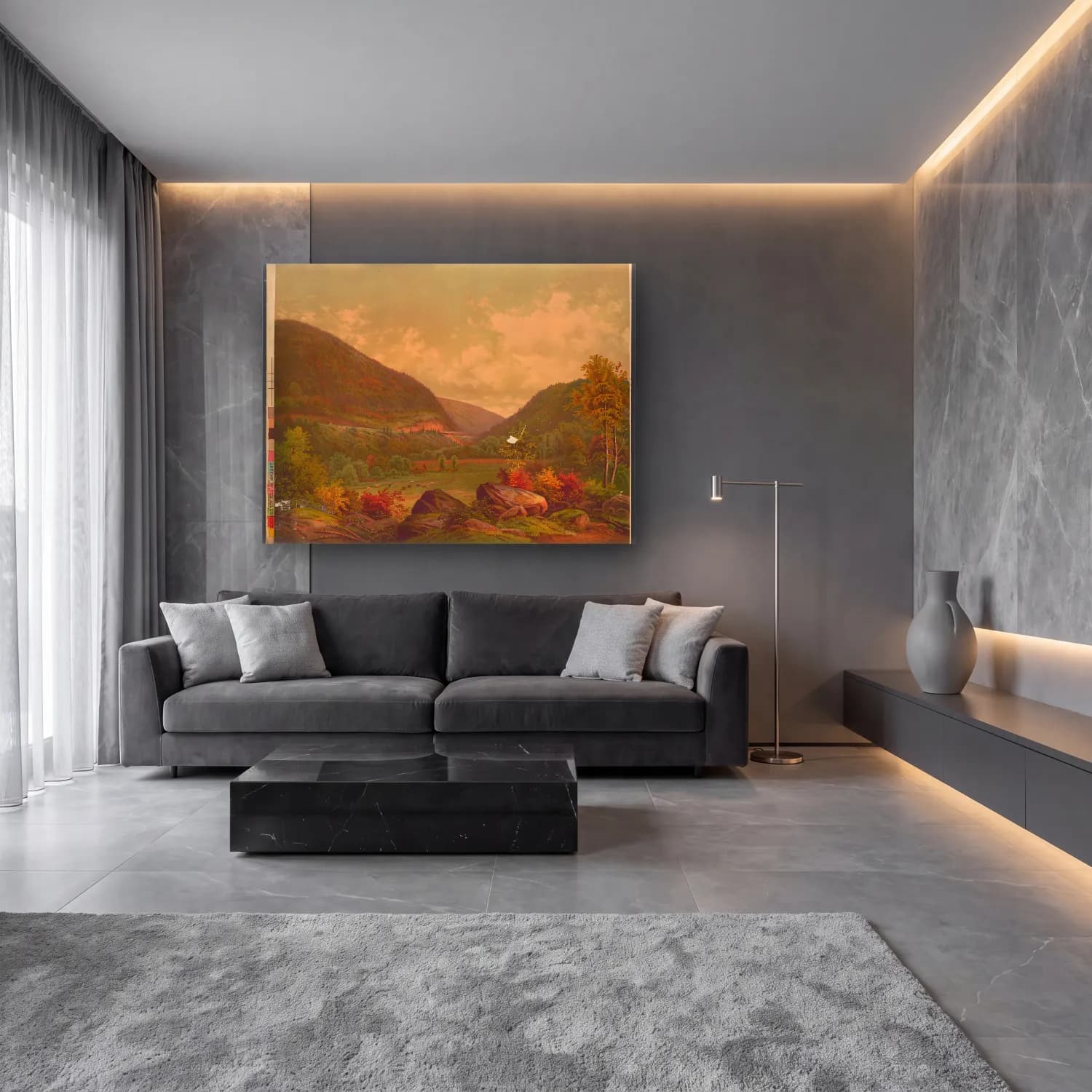 Vintage Dağ Manzarası No. 21 cam tablo — lüks salon duvarında