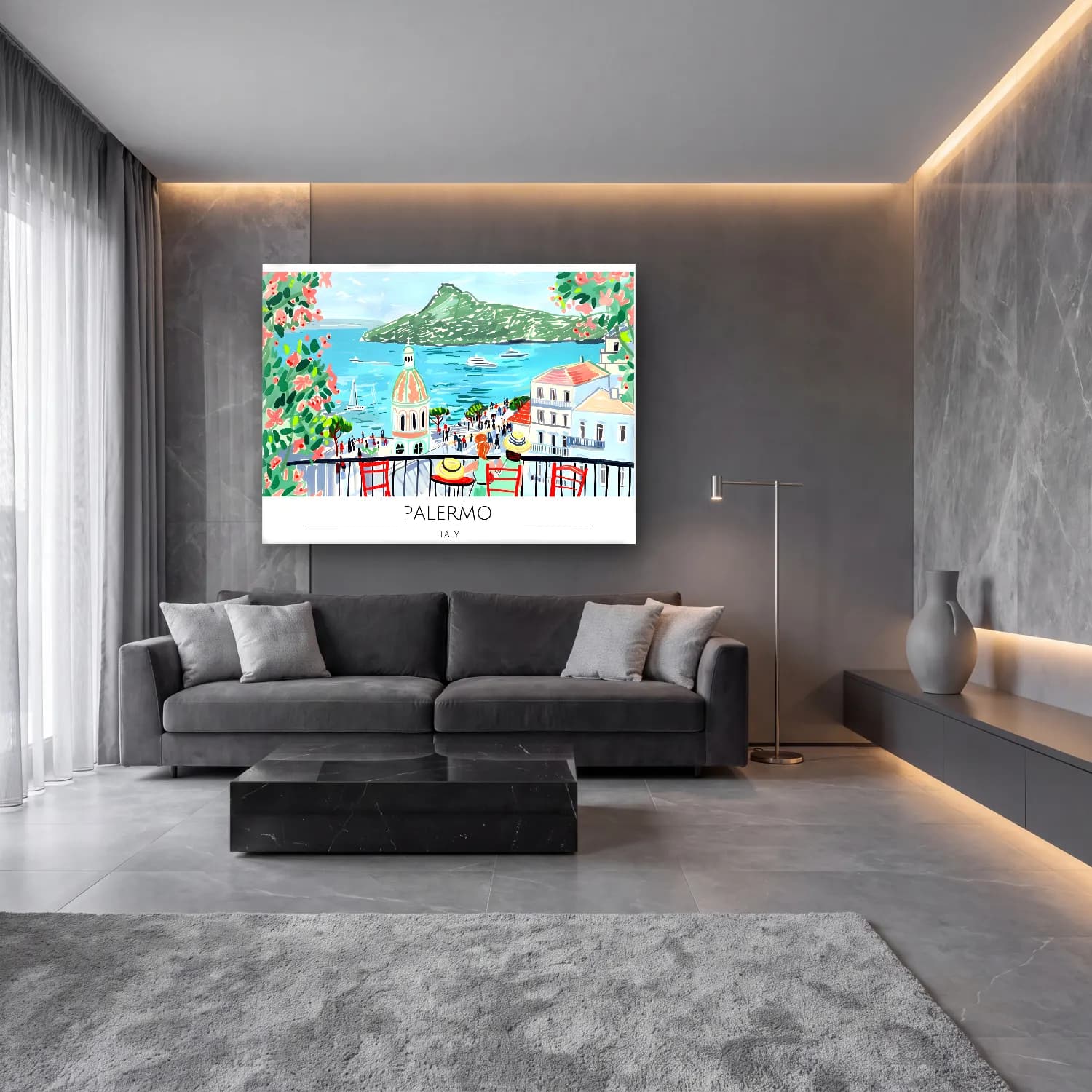 Pastel Akdeniz Sahil Kasabası No. 35 cam tablo — lüks salon duvarında