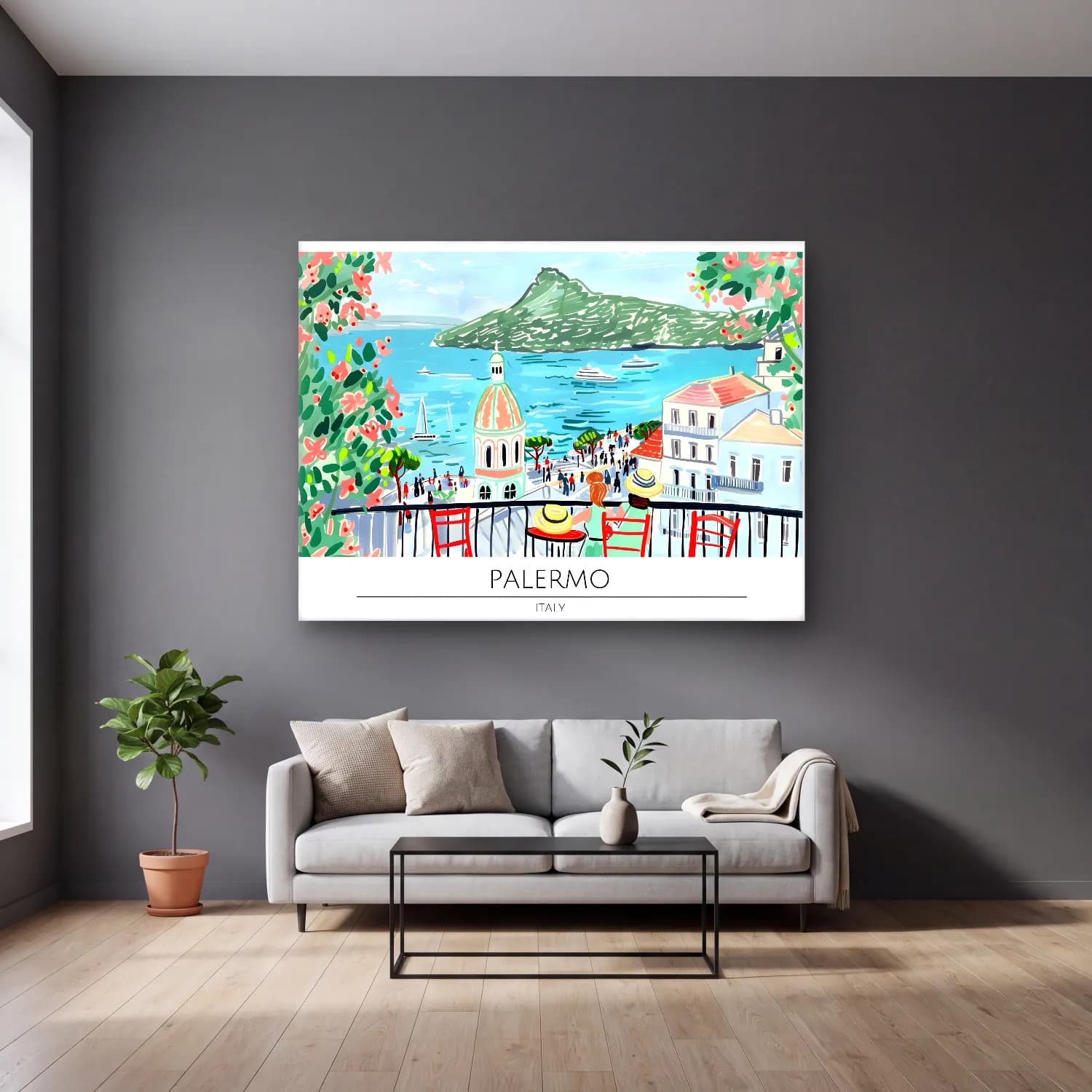Pastel Akdeniz Sahil Kasabası No. 35 cam tablo — gri duvarlı salonda